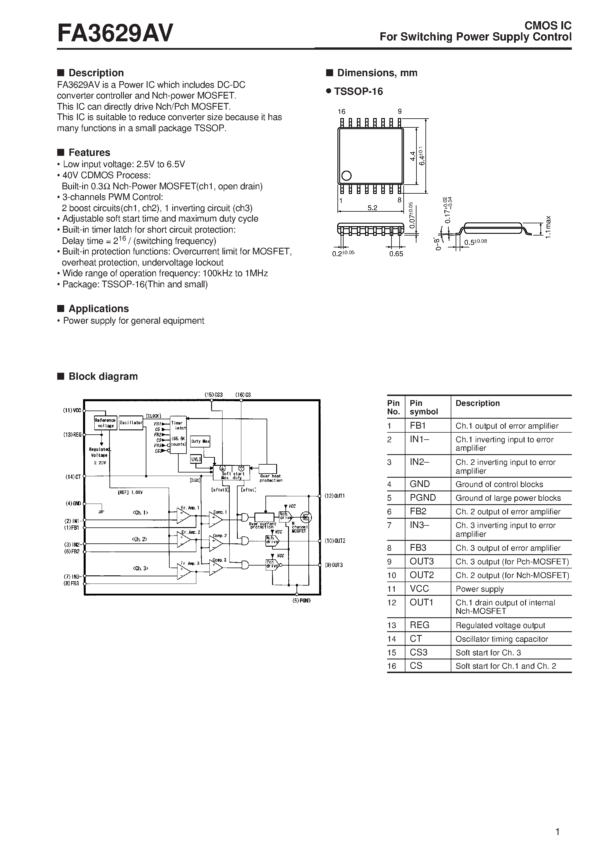 Даташит на микросхему FA3629AV страница 1 Даташит FA3629AV - For Switching Power Supply Control страница 1
