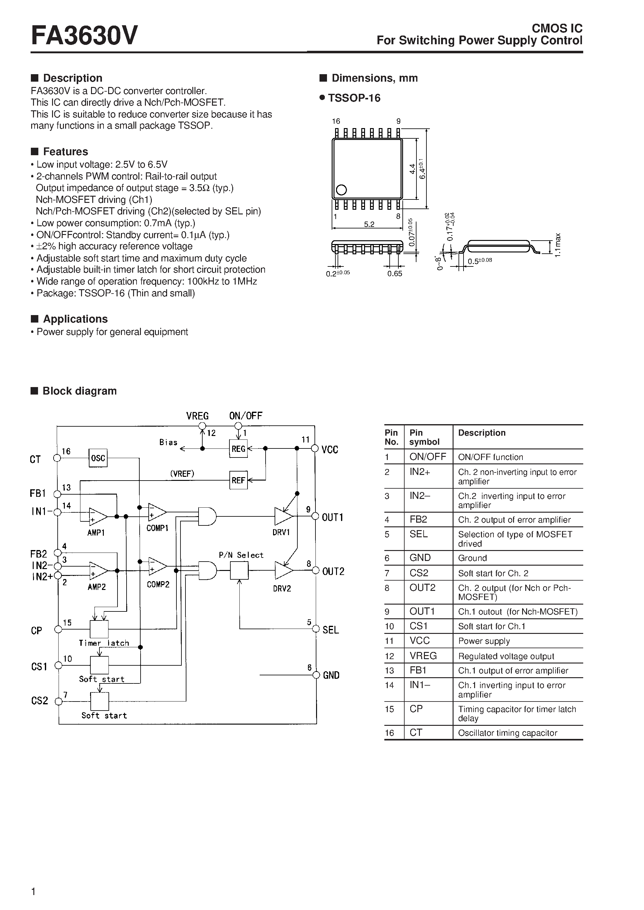 Даташит на микросхему FA3630V страница 1 Даташит FA3630V - For Switching Power Supply Control страница 1