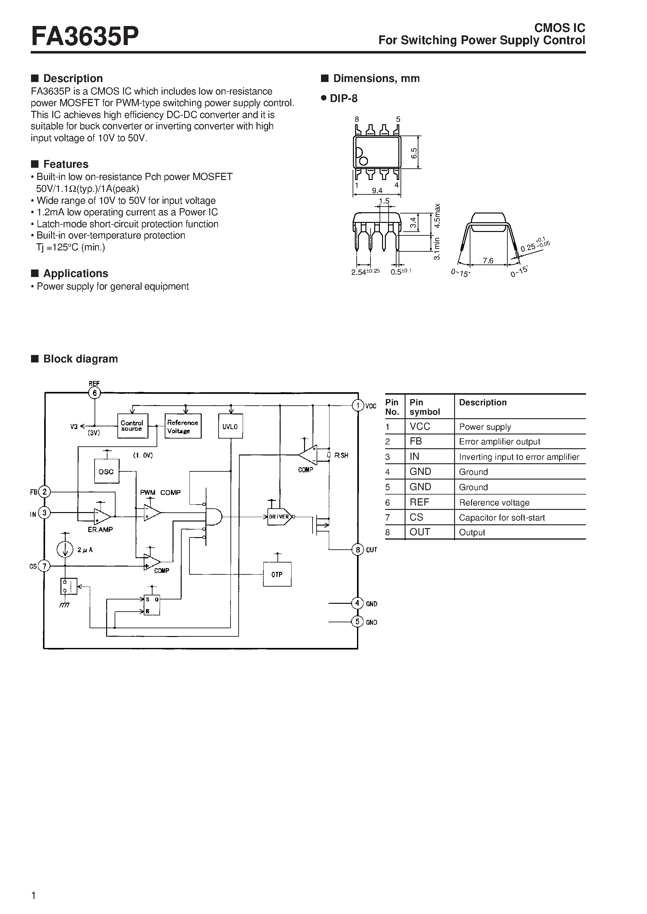 Даташит на микросхему FA3635P страница 1 Даташит FA3635P - For Switching Power Supply Control страница 1