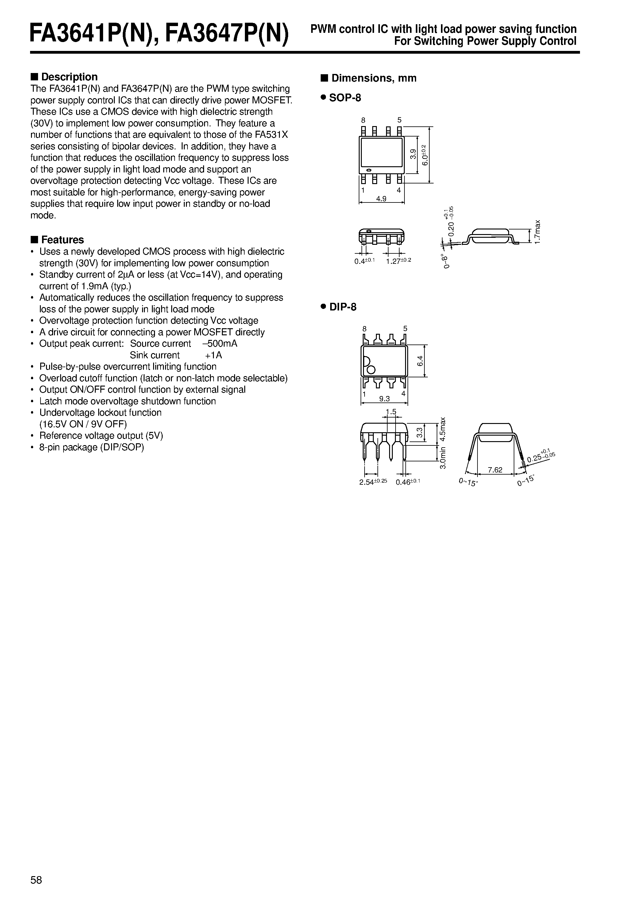 Даташит на микросхему FA3647P страница 1 Даташит FA3647P - PWM control IC with light load power saving function For Switching Power Supply Control страница 1