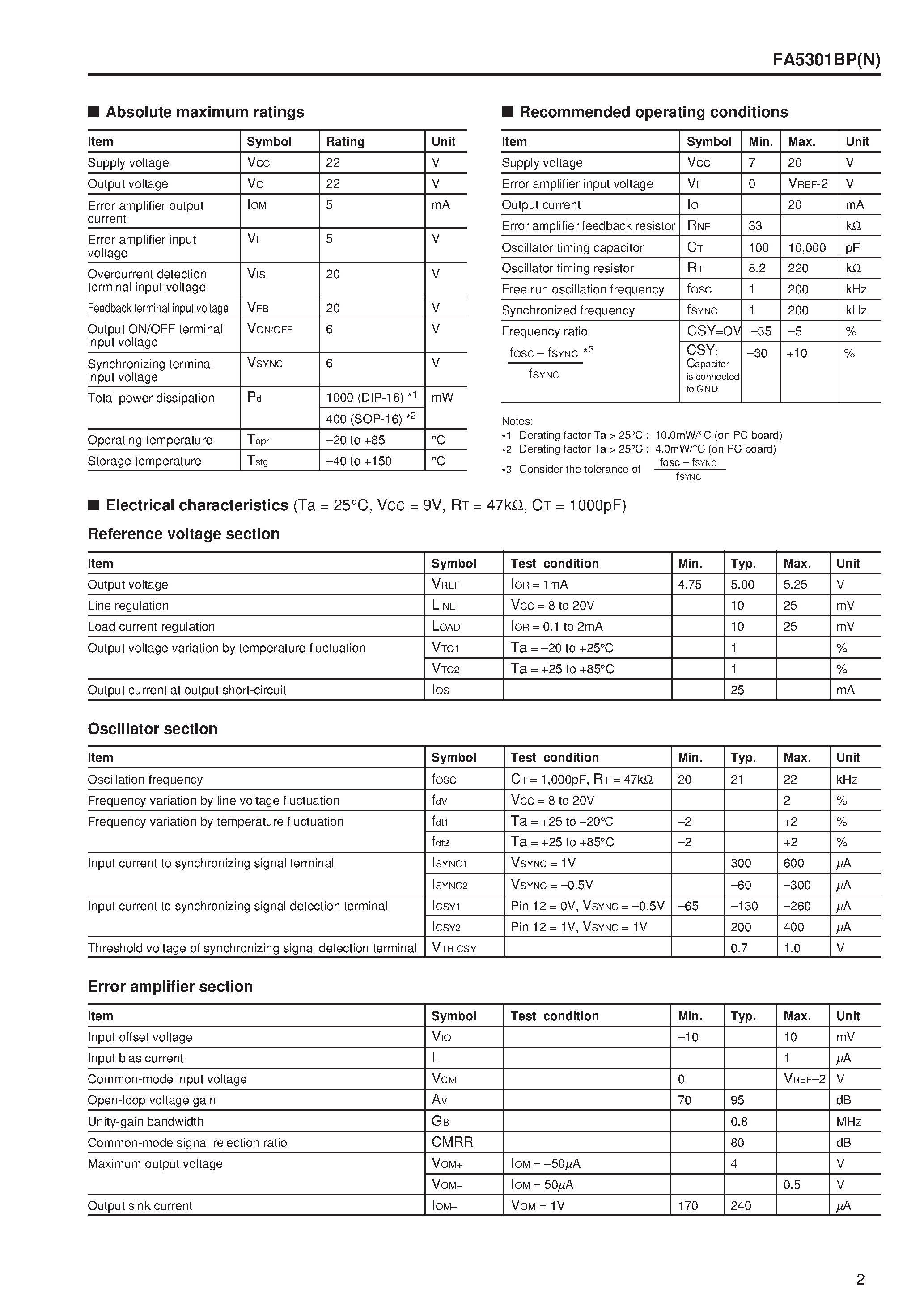 Даташит на микросхему FA5301BP страница 2 Даташит FA5301BP - Bipolar IC For Switching Power Supply Control страница 2