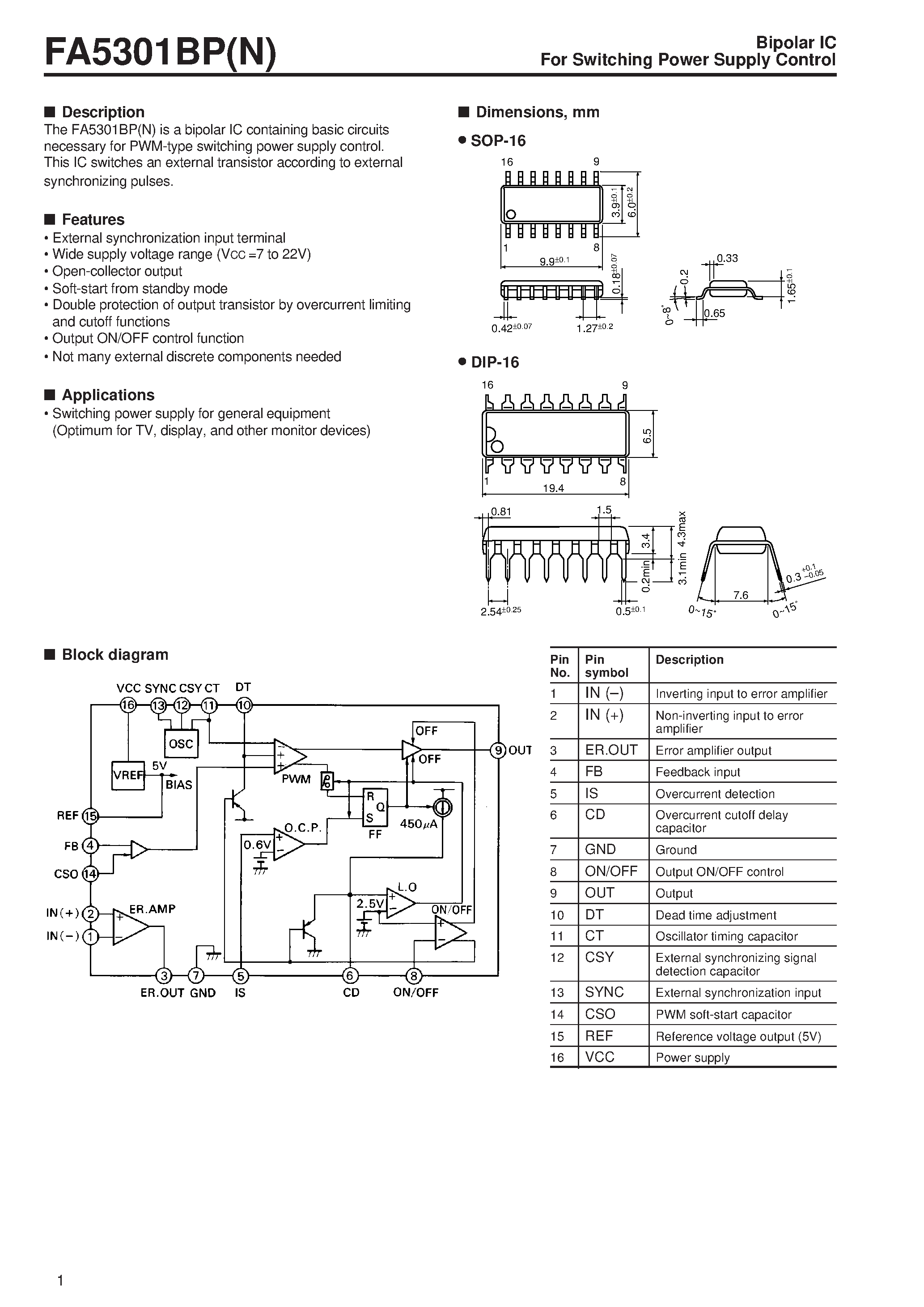 Даташит на микросхему FA5301BPN страница 1 Даташит FA5301BPN - Bipolar IC For Switching Power Supply Control страница 1