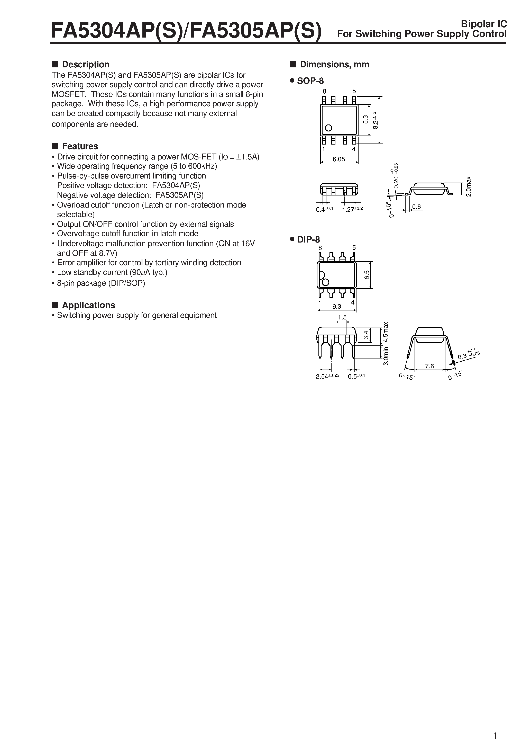 Даташит на микросхему FA5305APS страница 1 Даташит FA5305APS - Bipolar IC For Switching Power Supply Control страница 1