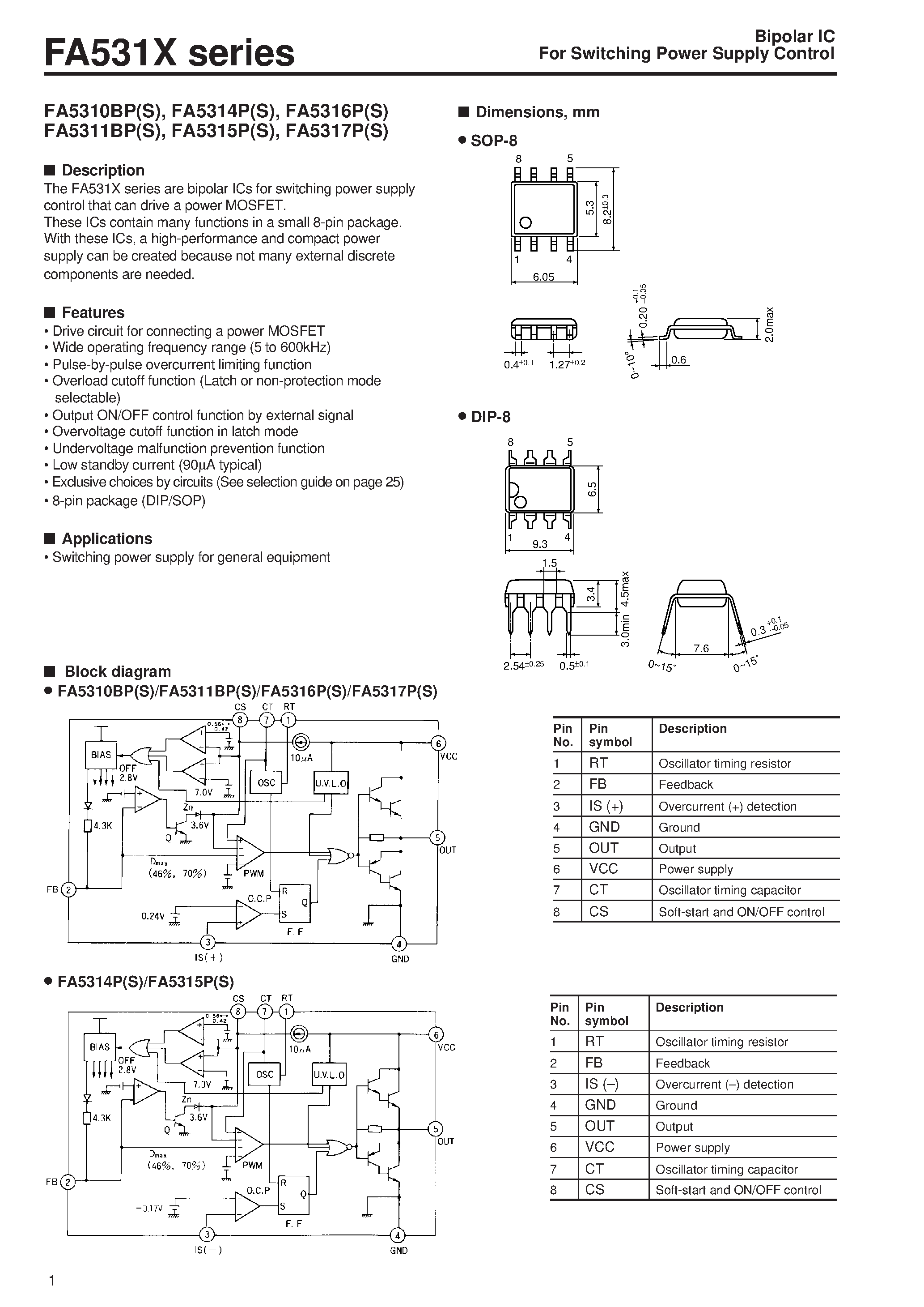 Даташит на микросхему FA5310BP страница 1 Даташит FA5310BP - Bipolar IC For Switching Power Supply Control страница 1