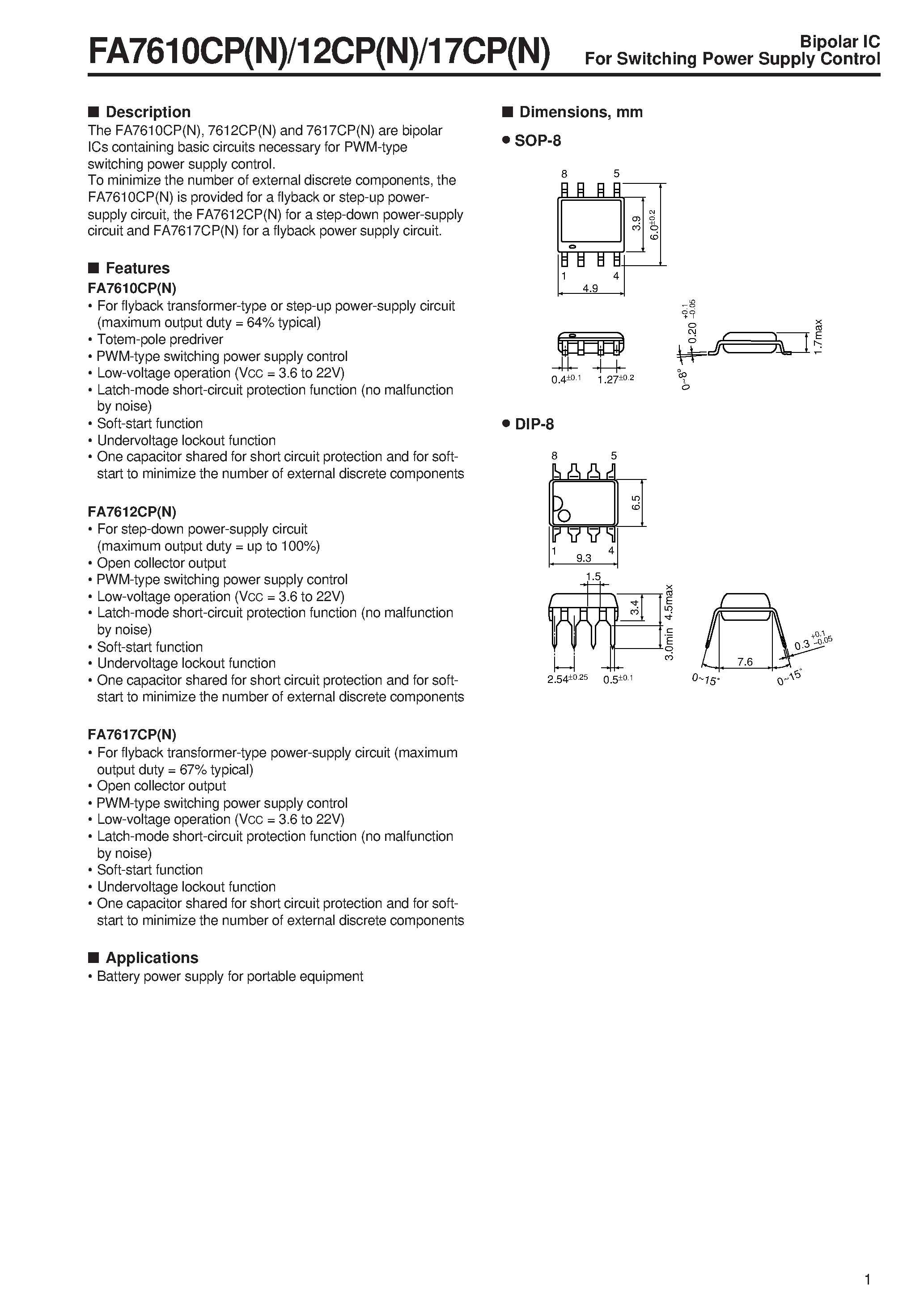 Даташит FA7610CP - FA7610CPN/FA7612CPN/FA7617CPN Bipolar IC Switching Power Supply Control страница 1