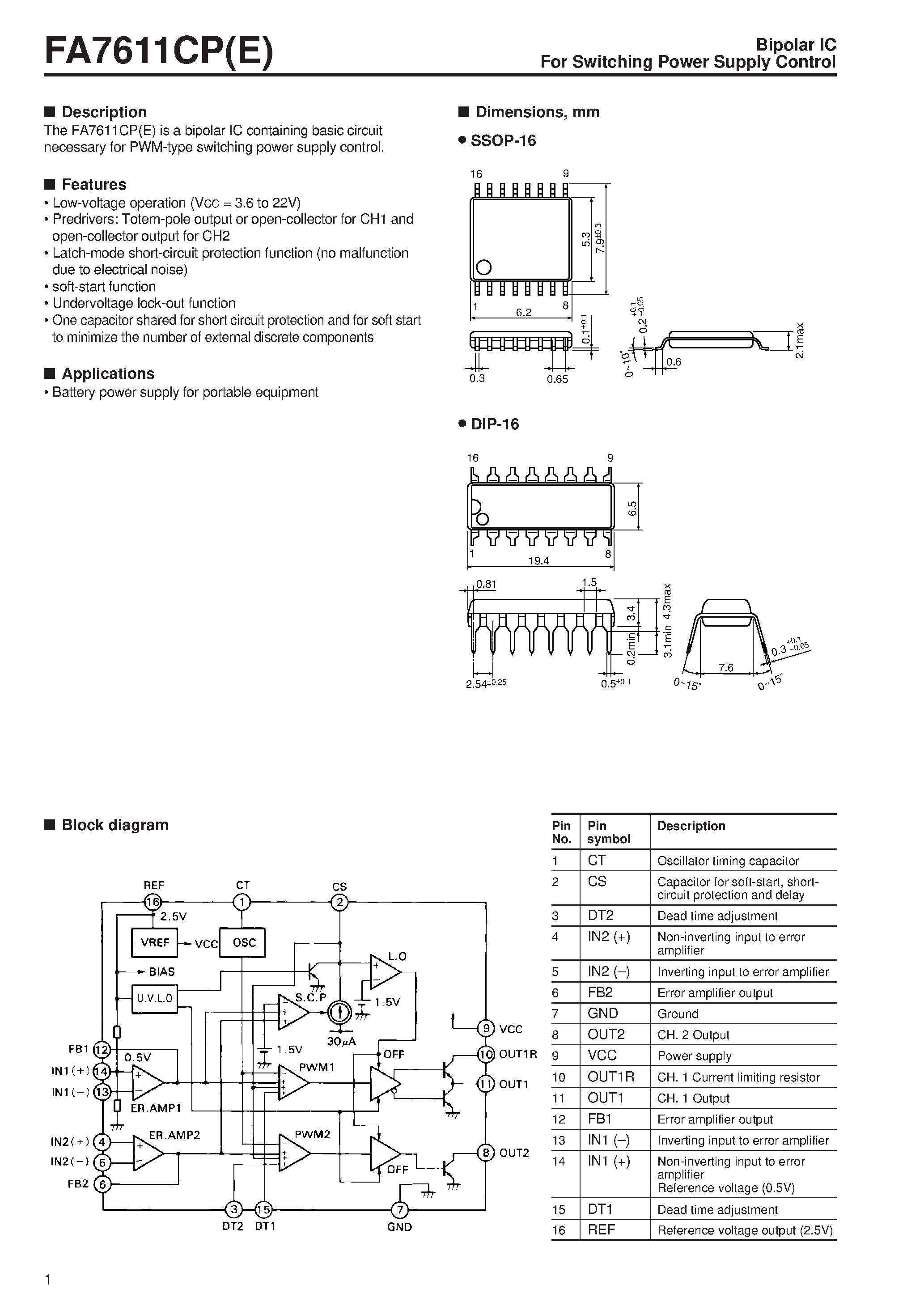 Даташит FA7611CPE - Bipolar IC For Switching Power Supply Control страница 1