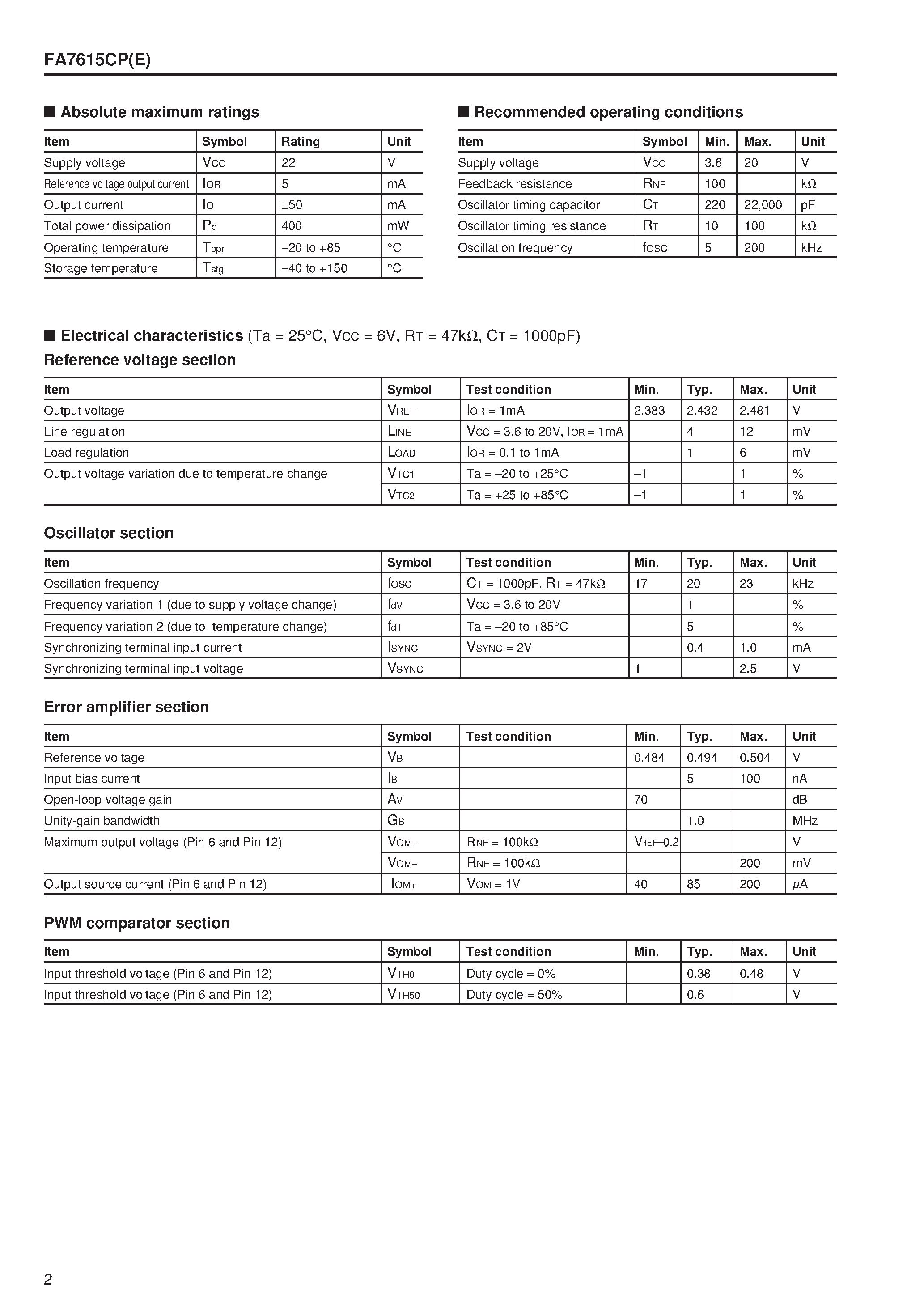 Даташит на микросхему FA7615CP страница 2 Даташит FA7615CP - FA7615CPE Bipolar IC For Switching Power Supply Control страница 2