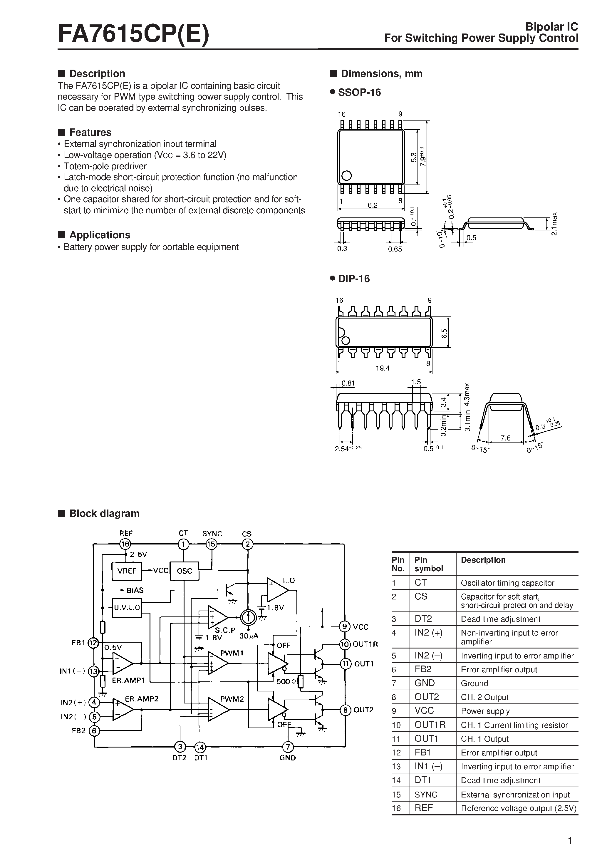 Даташит FA7615CPE - FA7615CPE Bipolar IC For Switching Power Supply Control страница 1