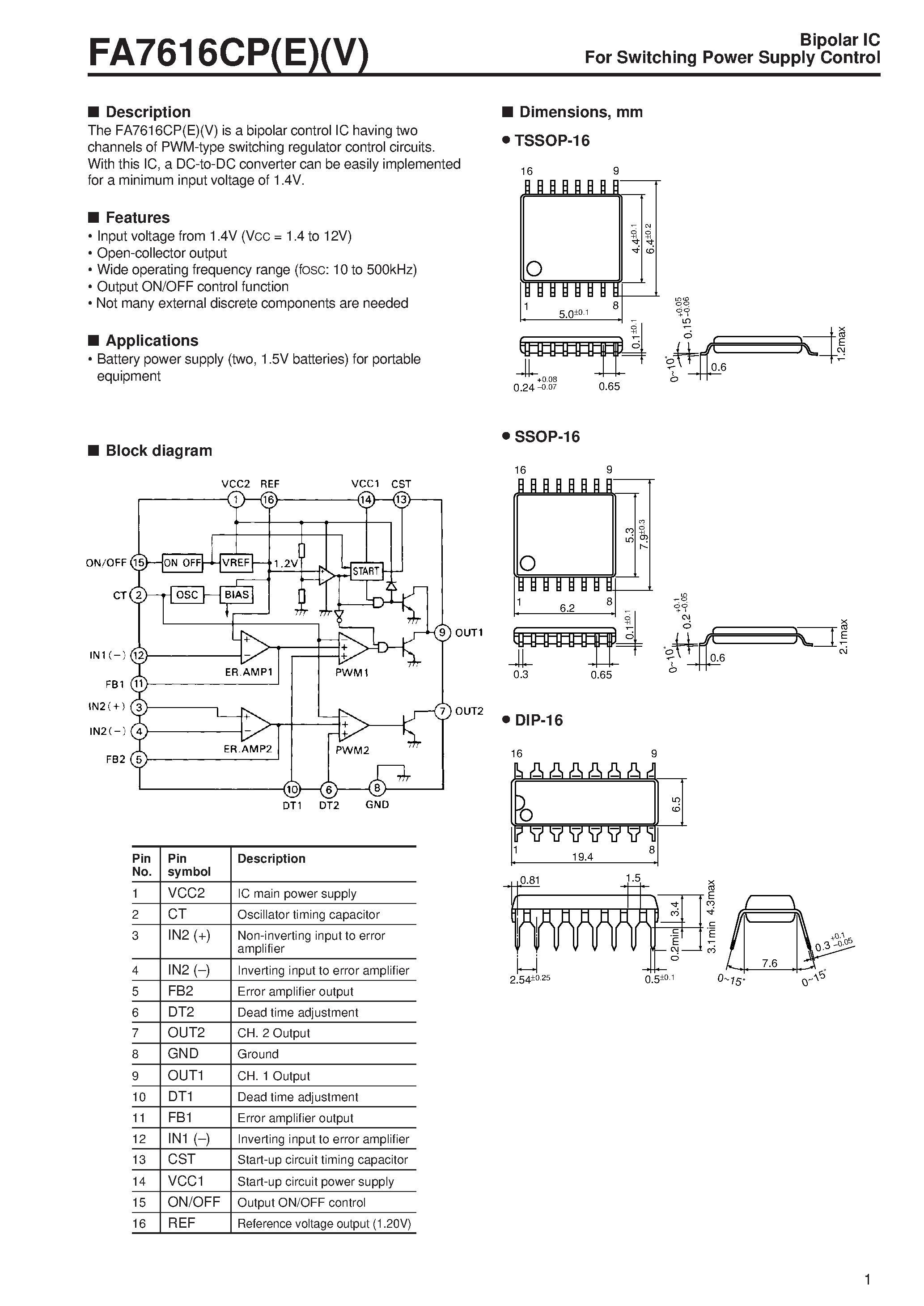 Даташит на микросхему FA7616CPV страница 1 Даташит FA7616CPV - Bipolar IC For Switching Power Supply Control страница 1