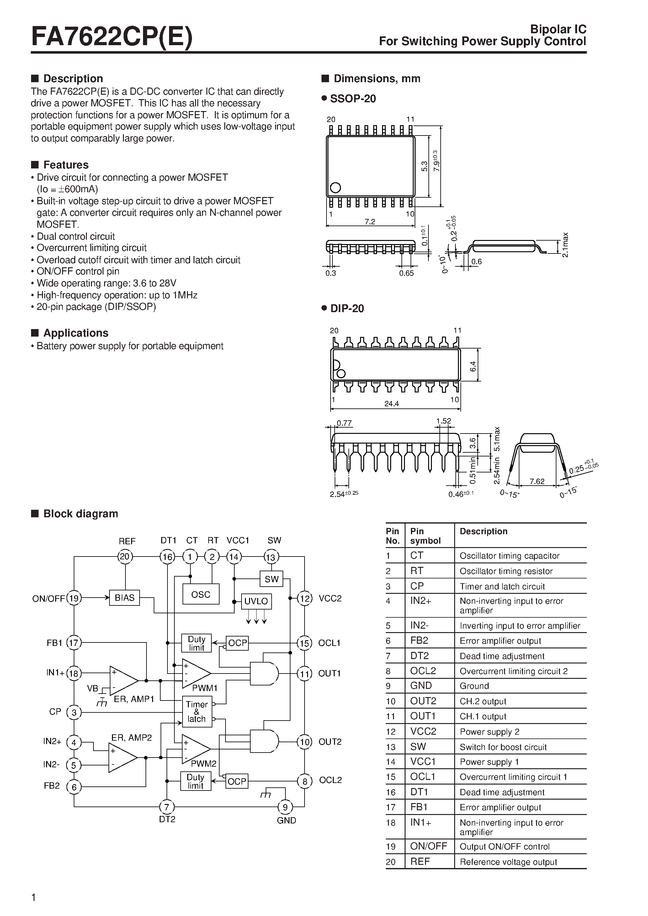 Даташит FA7622CP - Bipolar IC For Switching Power Supply Control страница 1