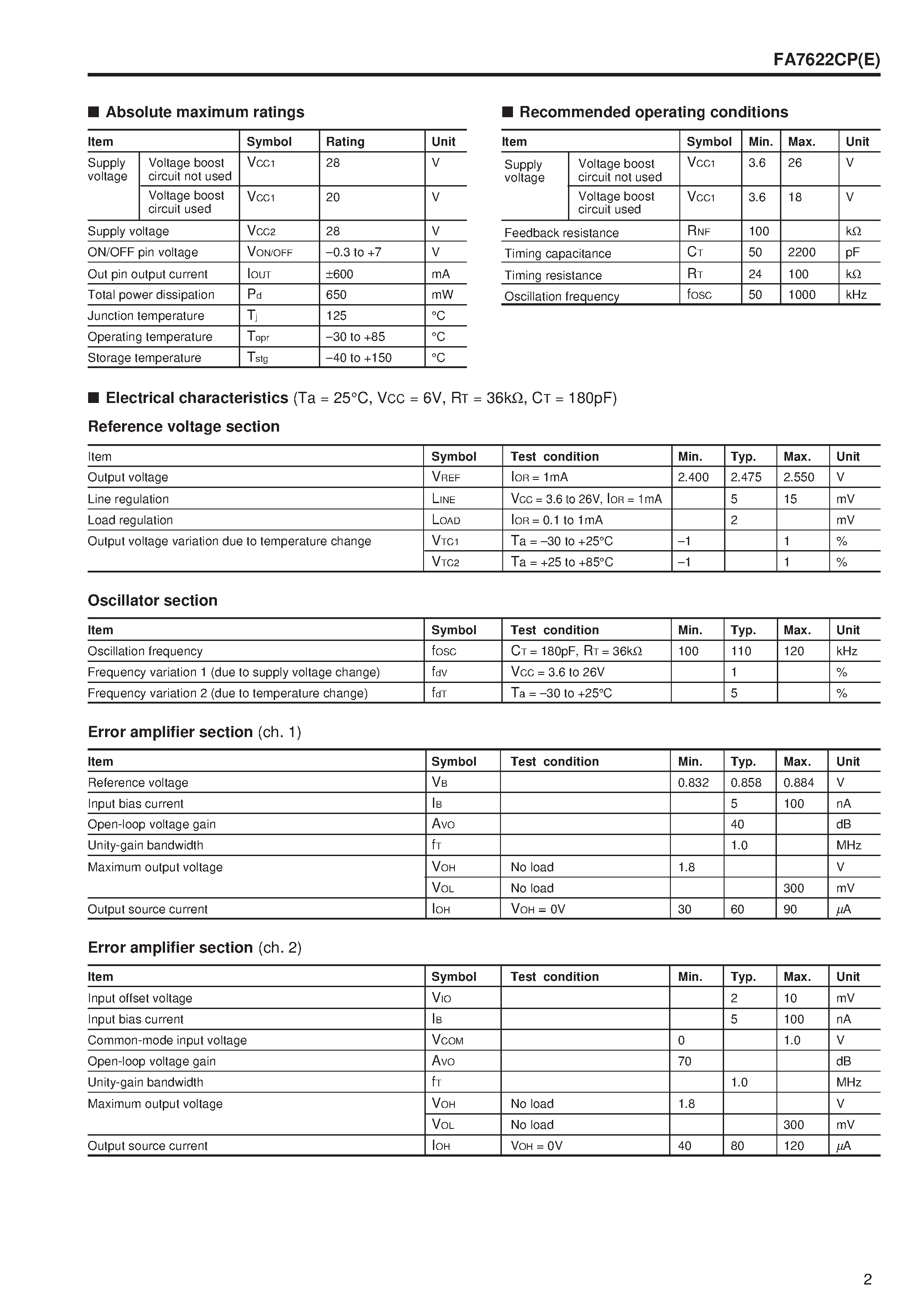 Даташит FA7622CP - Bipolar IC For Switching Power Supply Control страница 2