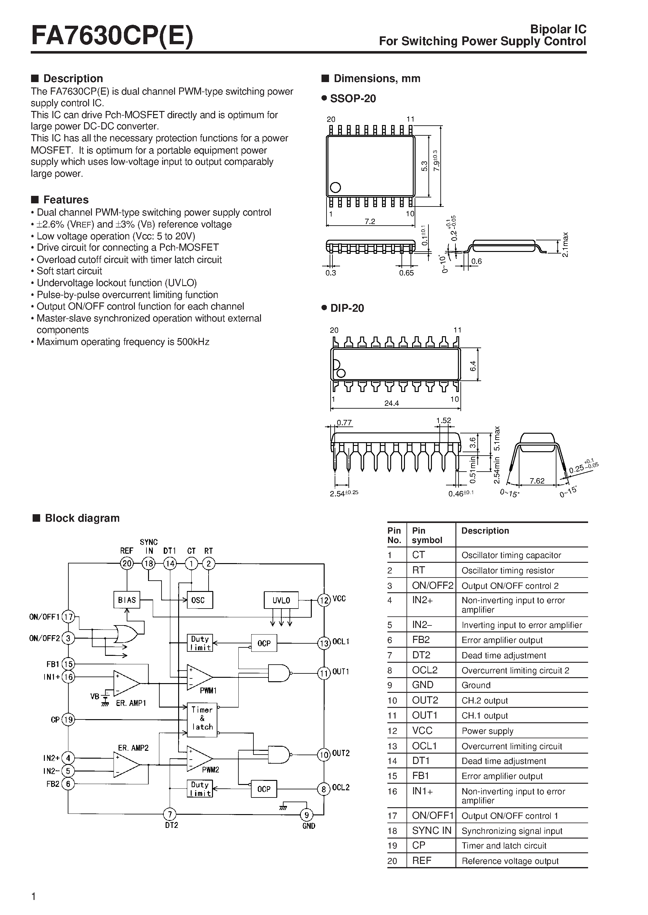 Даташит FA7630CPE - Bipolar IC For Switching Power Supply Control страница 1