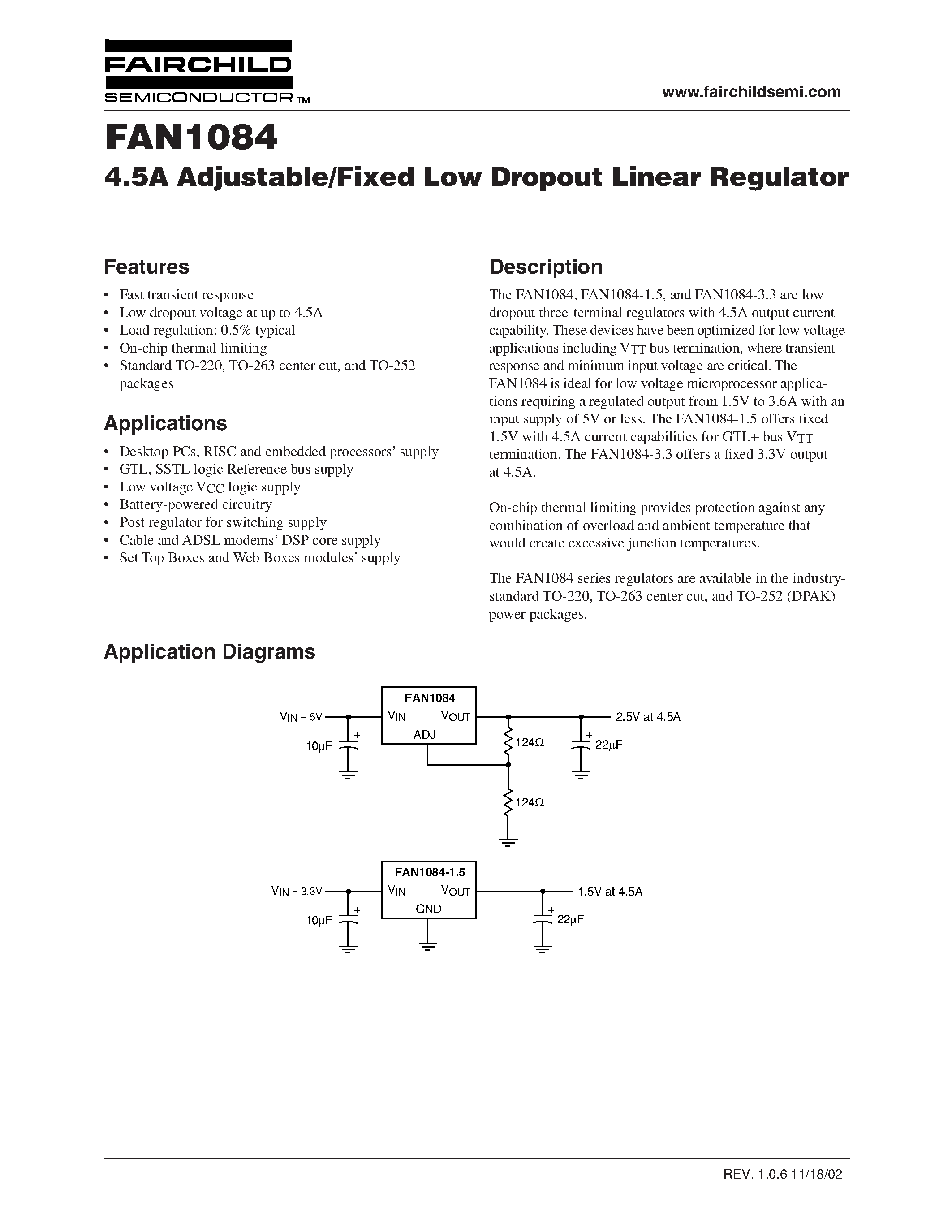 Даташит на микросхему FAN1084 страница 1 Даташит FAN1084 - 4.5A Adjustable/Fixed Low Dropout Linear Regulator страница 1