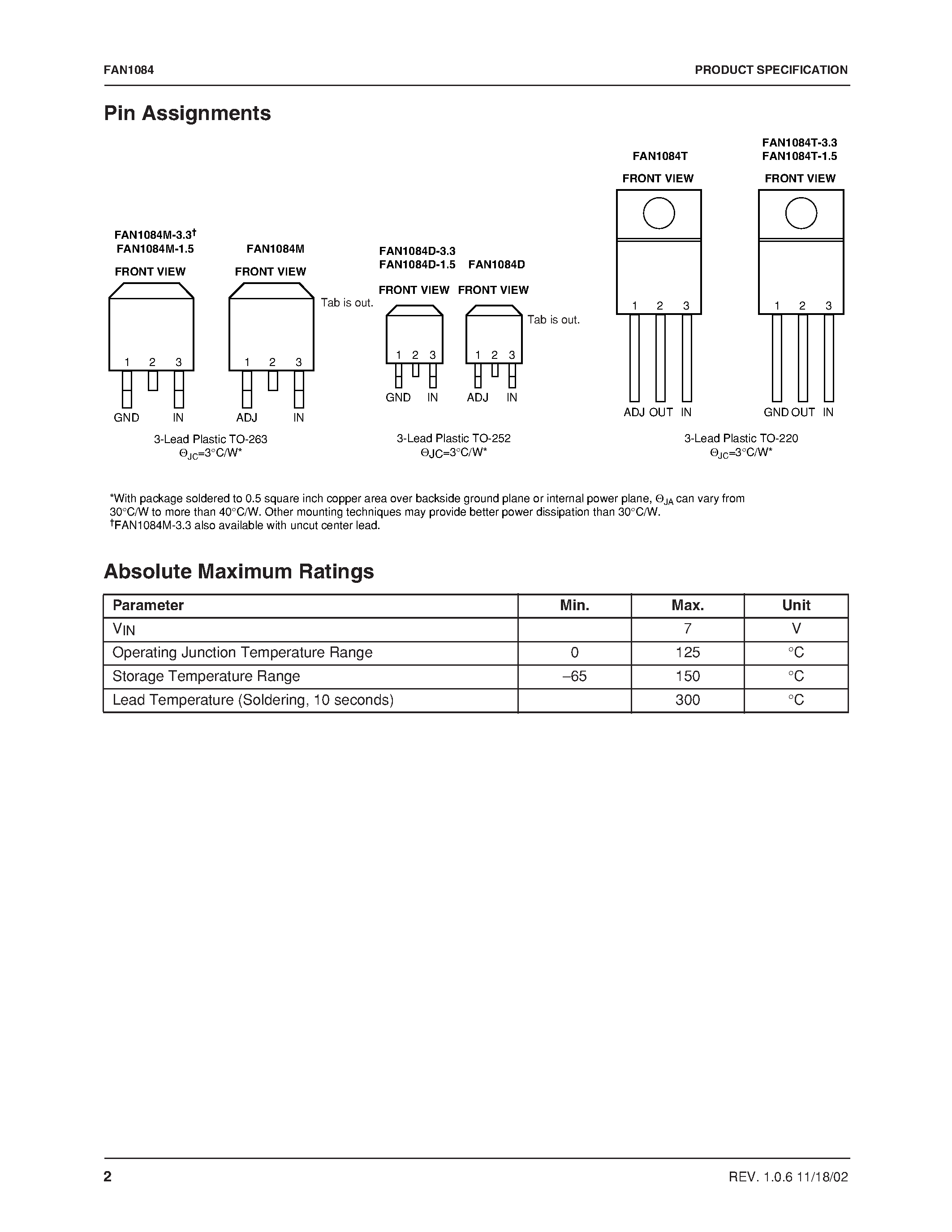 Даташит на микросхему FAN1084 страница 2 Даташит FAN1084 - 4.5A Adjustable/Fixed Low Dropout Linear Regulator страница 2