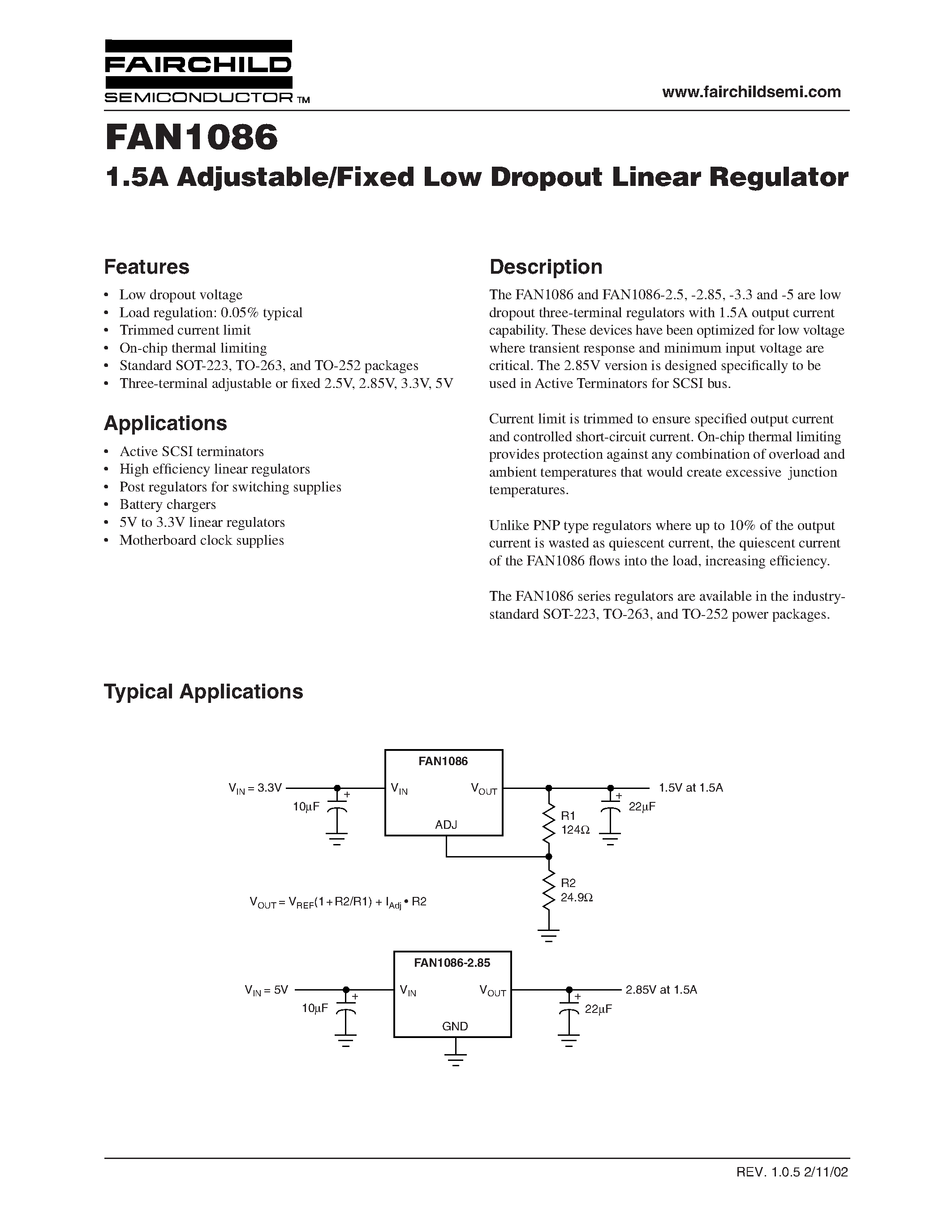Даташит на микросхему FAN1086 страница 1 Даташит FAN1086 - 1.5A Adjustable/Fixed Low Dropout Linear Regulator страница 1