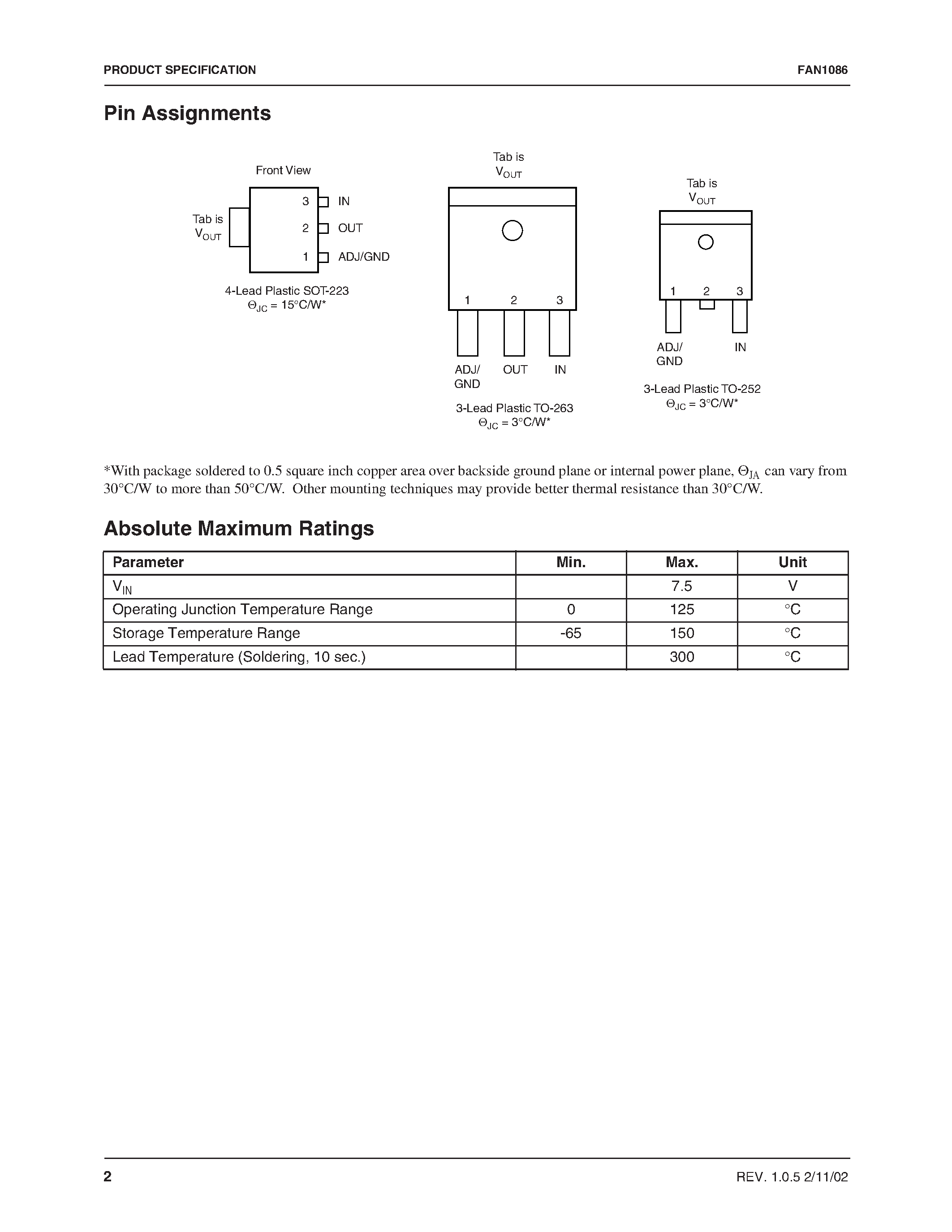 Даташит на микросхему FAN1086 страница 2 Даташит FAN1086 - 1.5A Adjustable/Fixed Low Dropout Linear Regulator страница 2