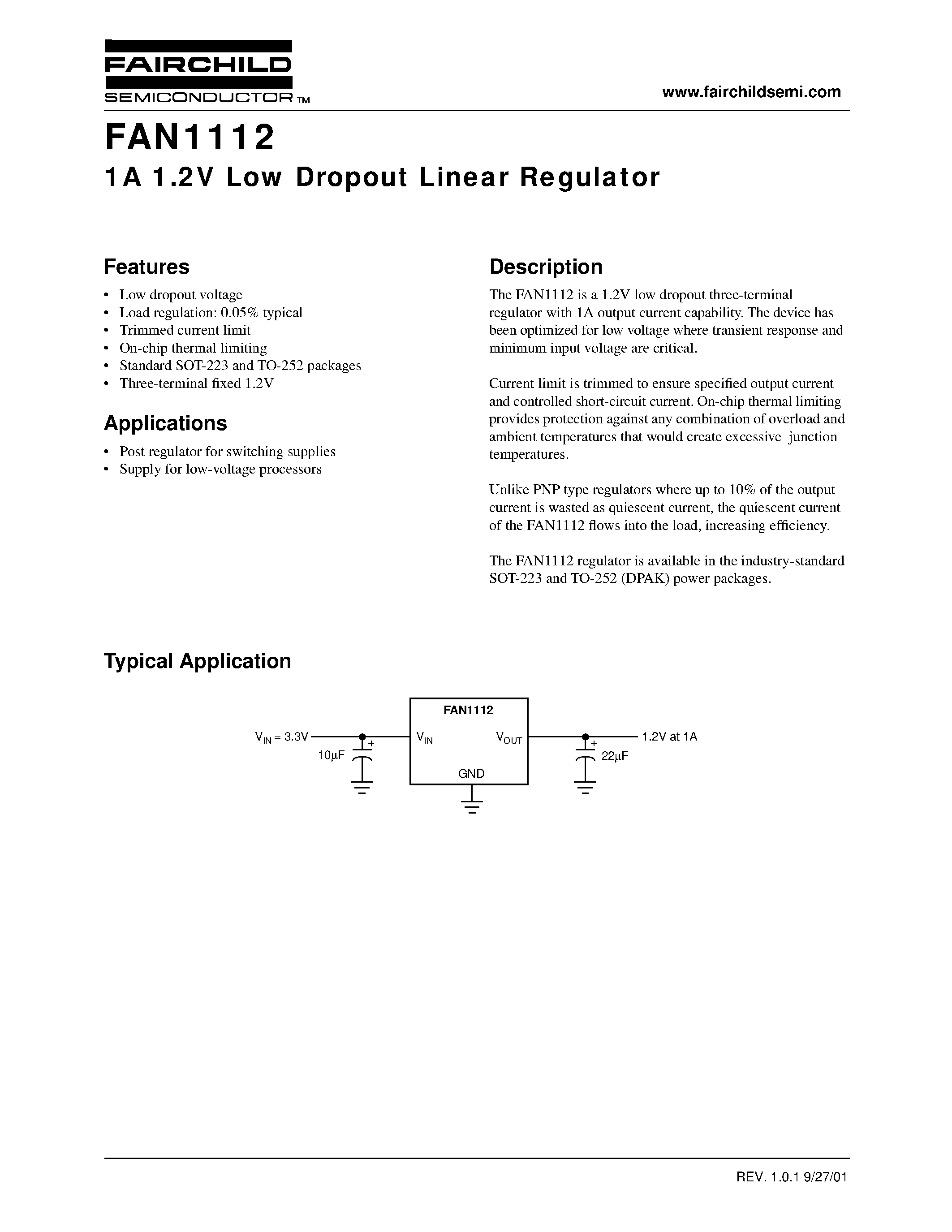 Даташит на микросхему FAN1112 страница 1 Даташит FAN1112 - 1A 1.2V Low Dropout Linear Regulator страница 1