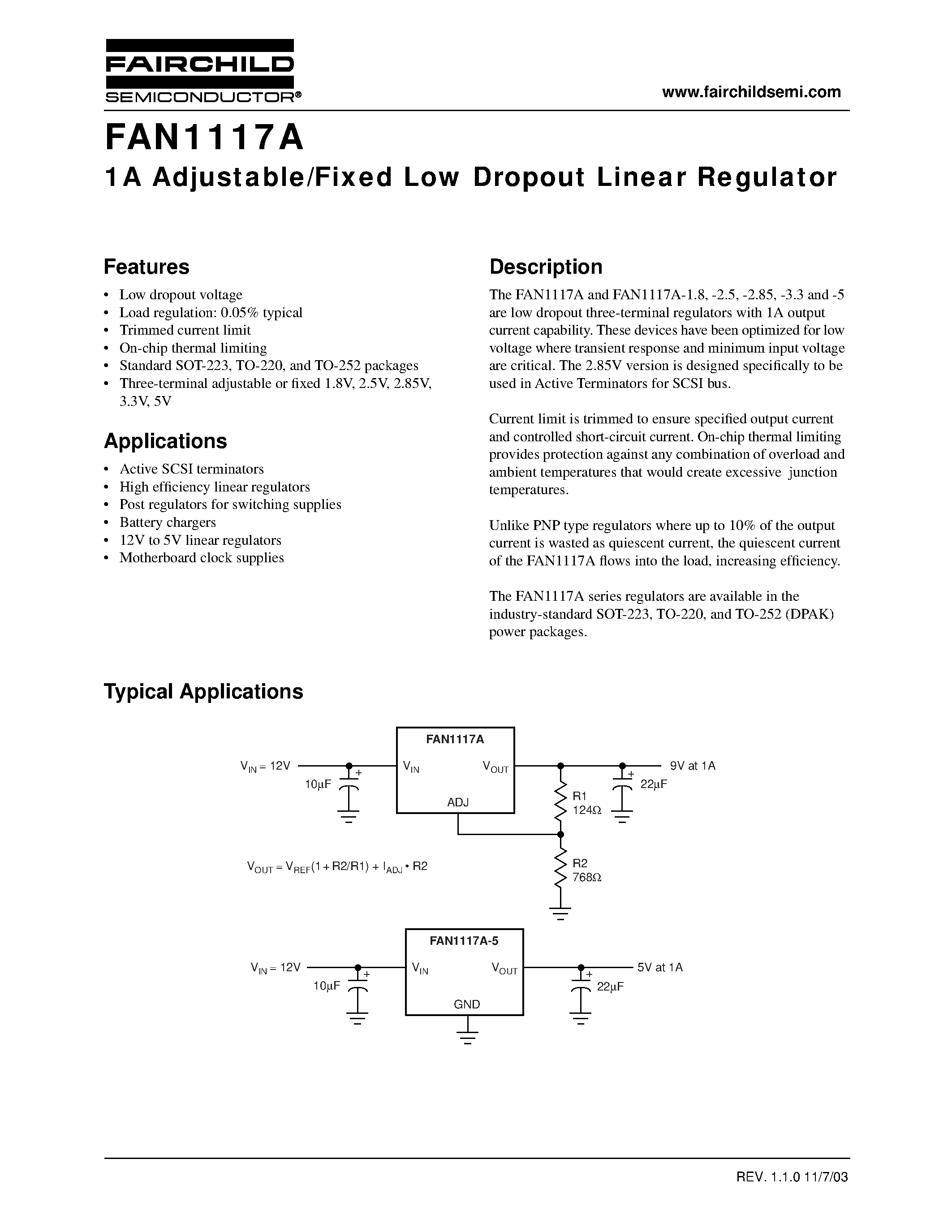 Даташит FAN1117AD25X - 1A Adjustable/Fixed Low Dropout Linear Regulator страница 1
