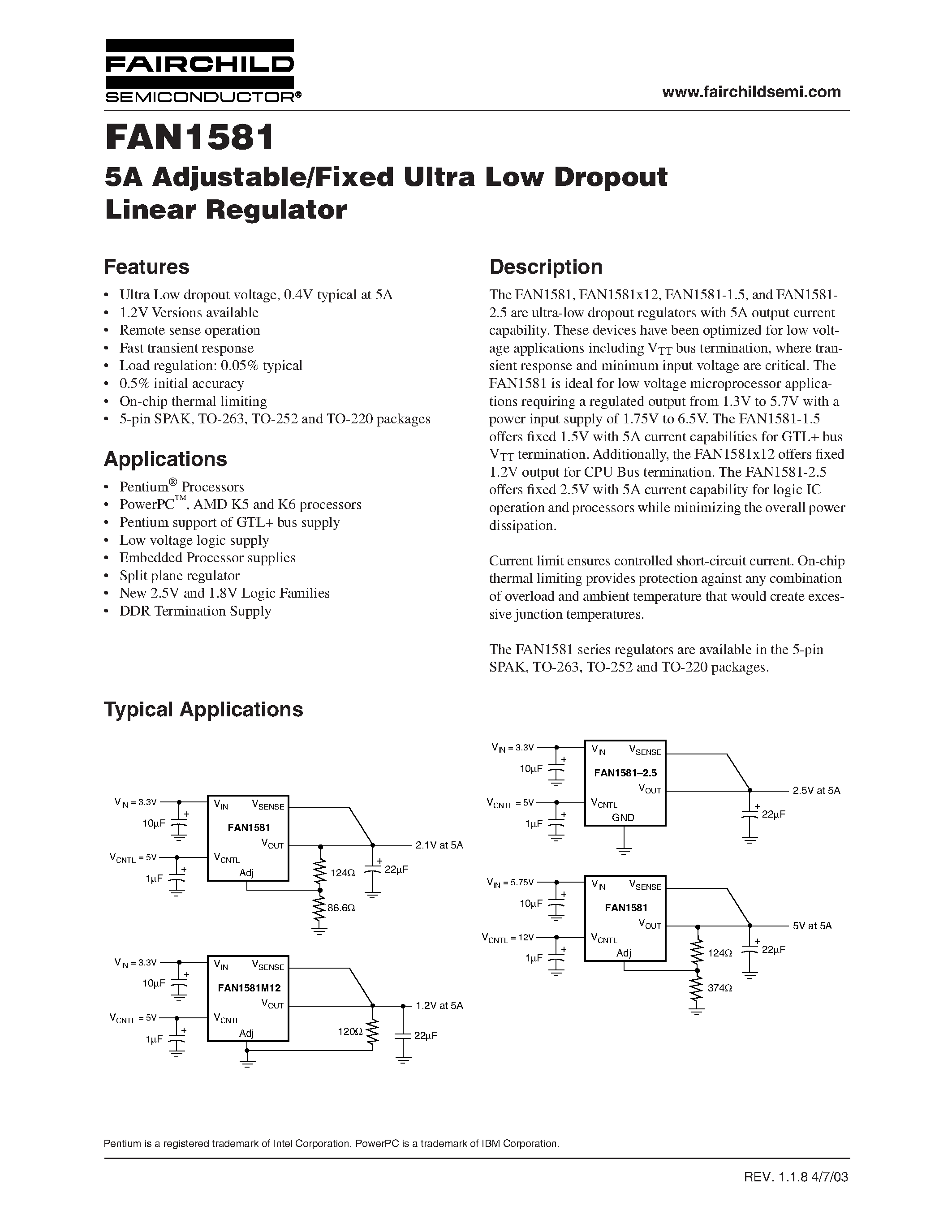 Даташит FAN1581 - 5A Adjustable/Fixed Ultra Low Dropout Linear Regulator страница 1