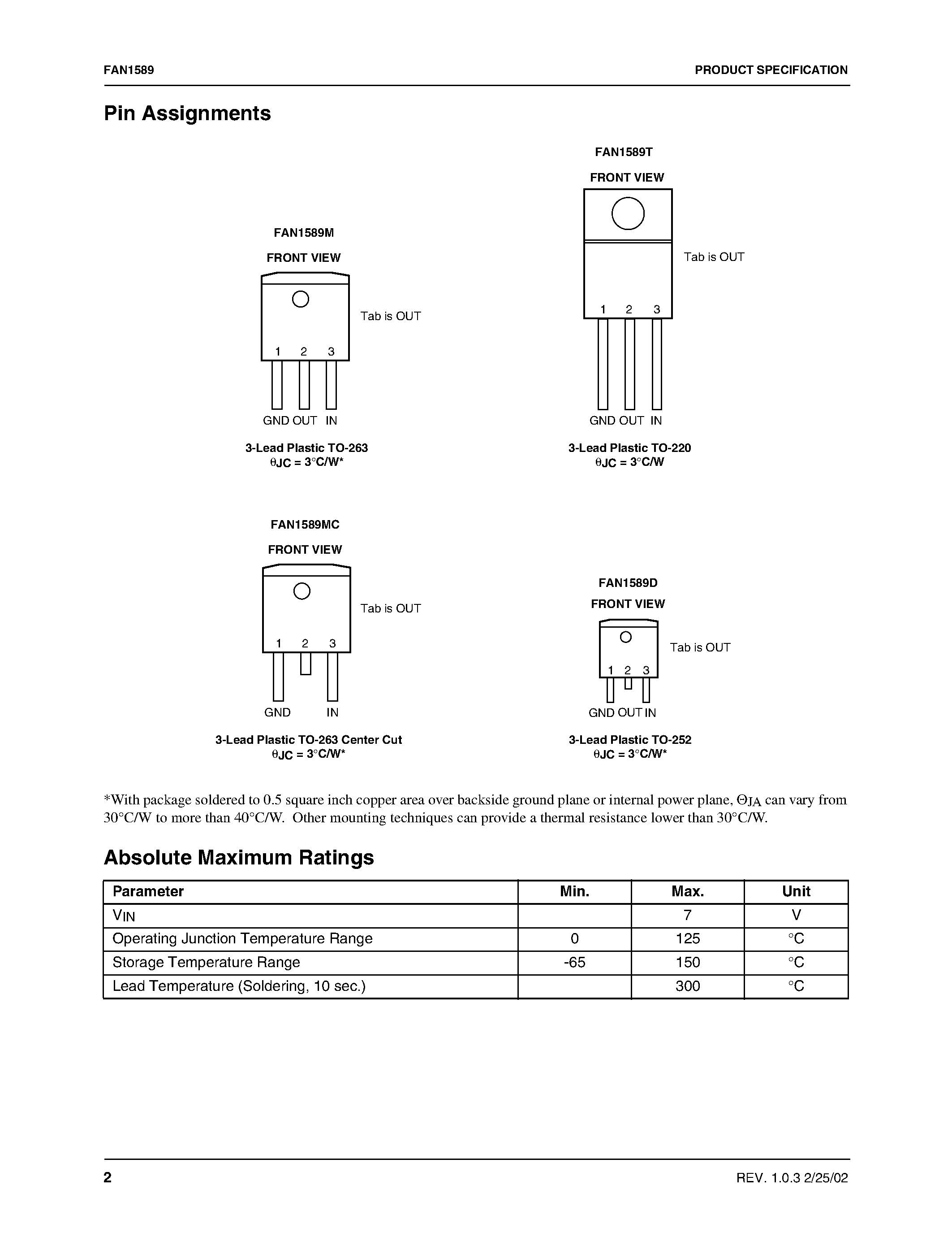 Datasheet FAN1589 page 2 Datasheet FAN1589 - 2.7A/ 1.2V Low Dropout Linear Regulator for VRM8.5 page 2