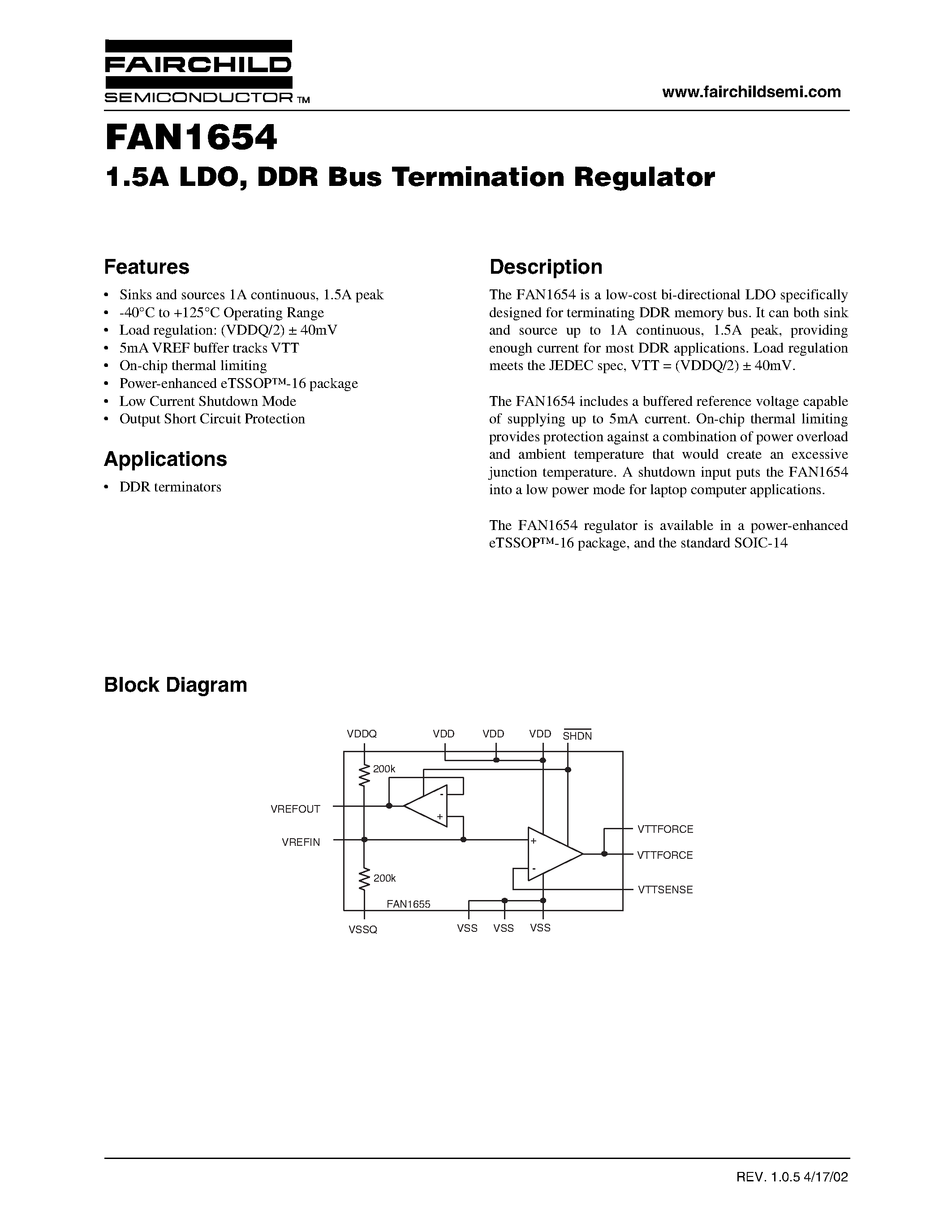 Datasheet FAN1654 page 1 Datasheet FAN1654 - 1.5A LDO/ DDR Bus Termination Regulator page 1