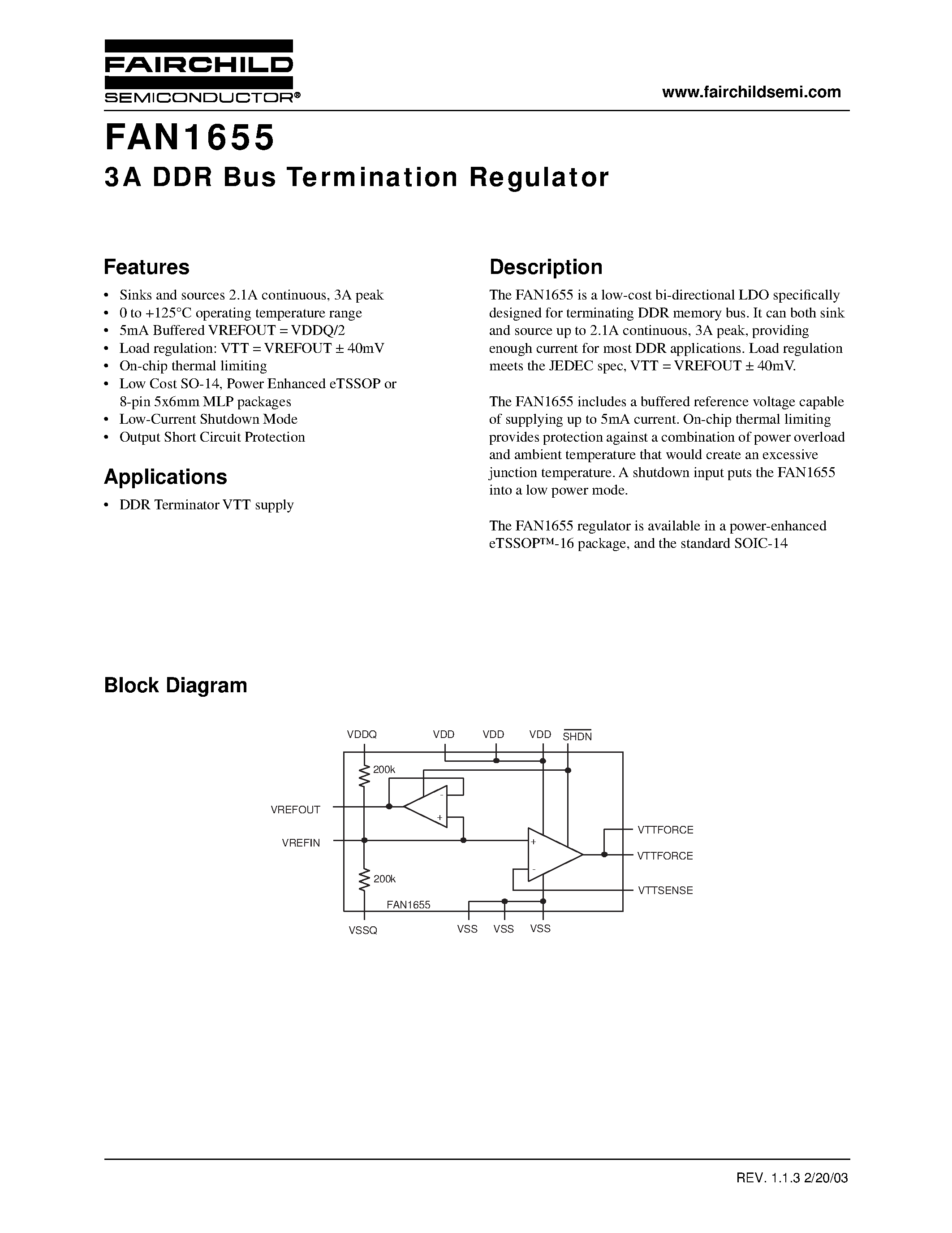 Datasheet FAN1655 - 3A DDR Bus Termination Regulator page 1