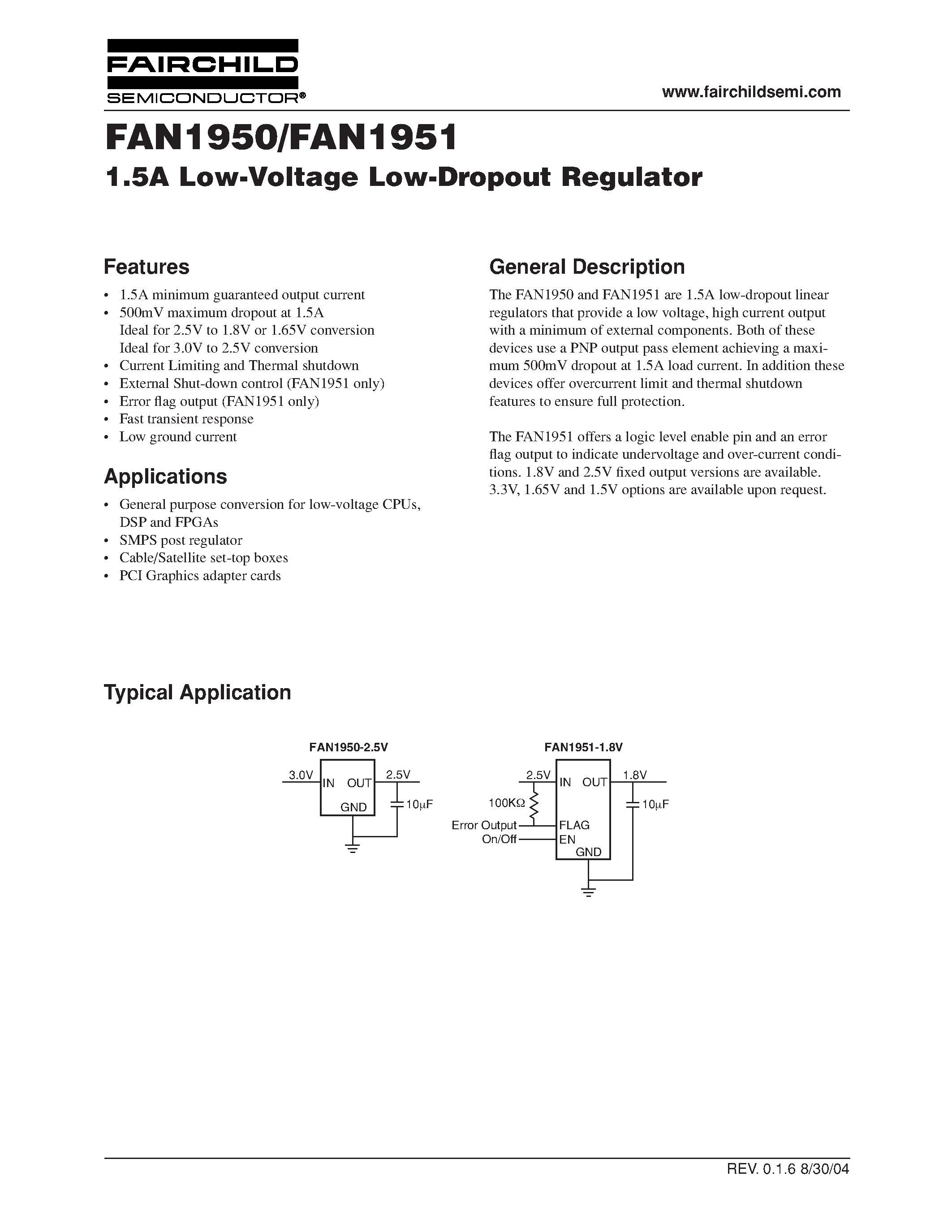Datasheet FAN1950 - 1.5A Low-Voltage Low-Dropout Regulator page 1