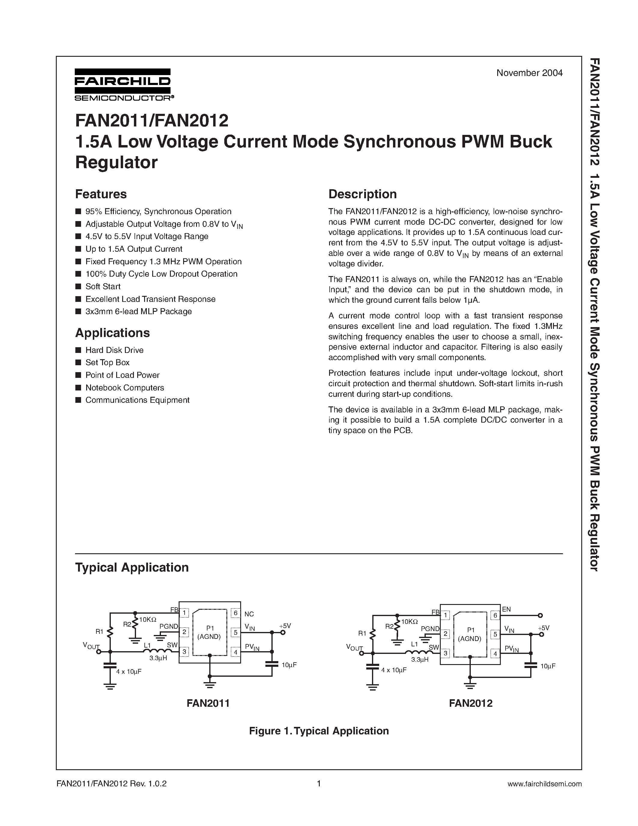 Datasheet FAN2011I - 1.5A Low Voltage Current Mode Synchronous PWM Buck Regulator page 1