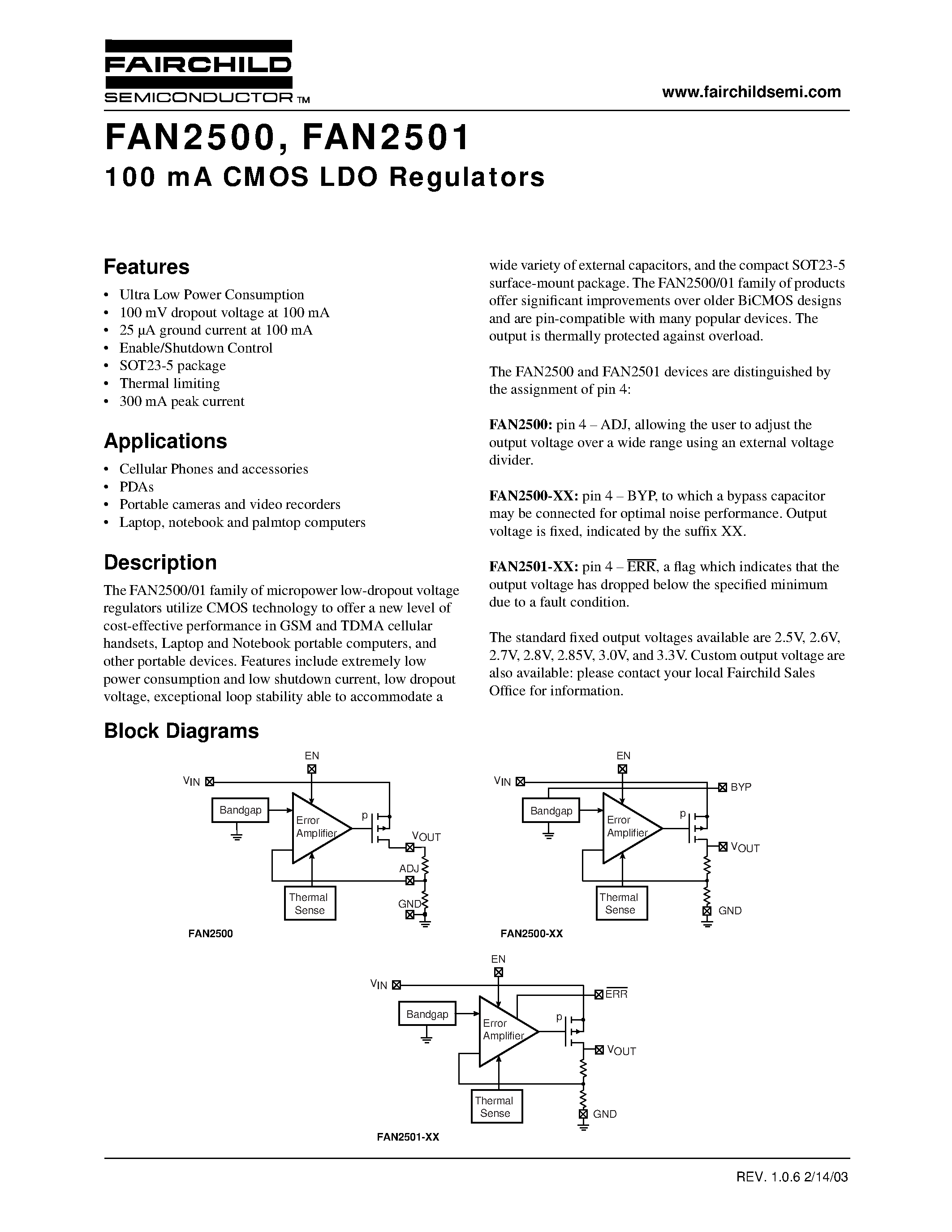 Datasheet FAN2501 - 100 mA CMOS LDO Regulators page 1