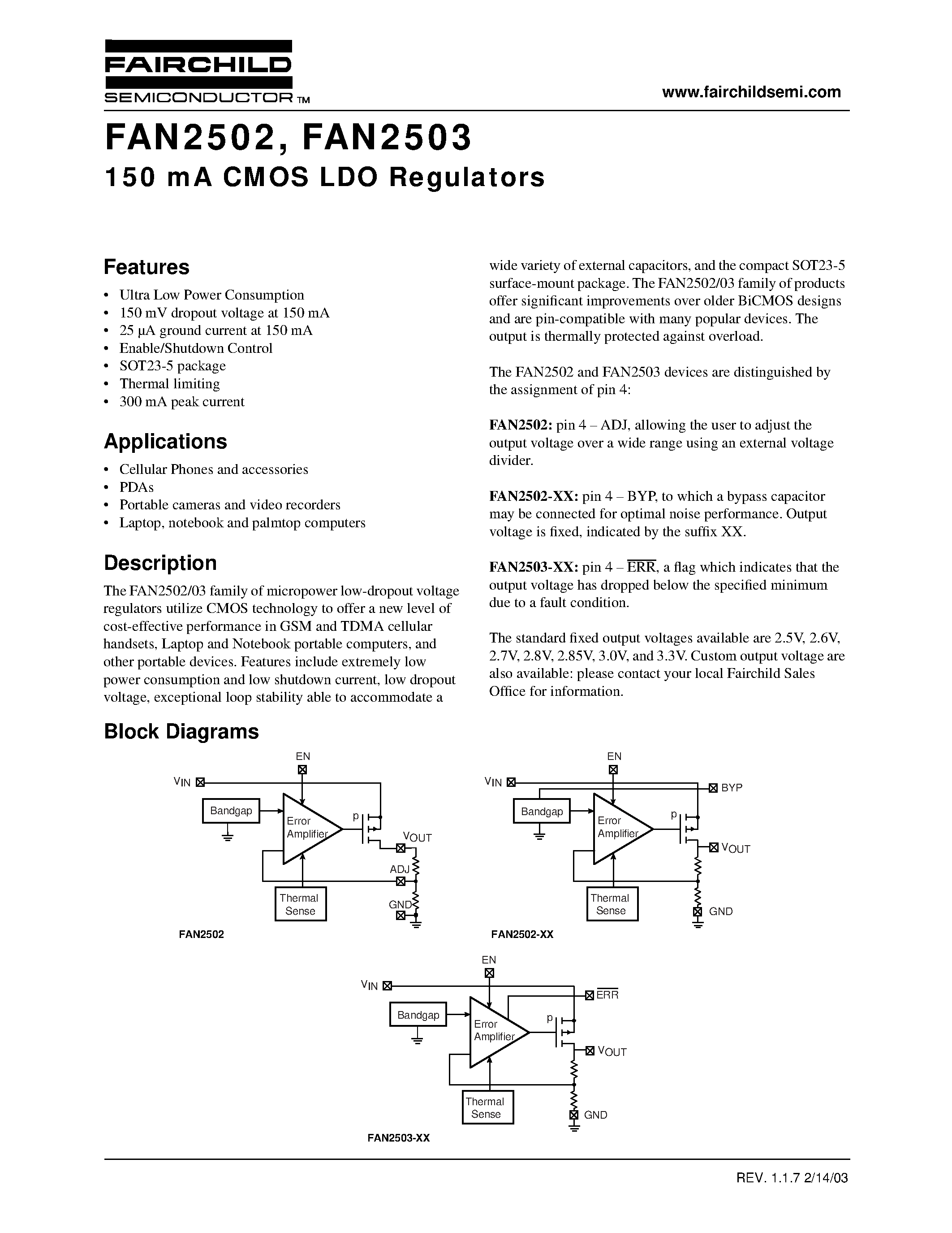 Datasheet FAN2502 - 150 mA CMOS LDO Regulators page 1
