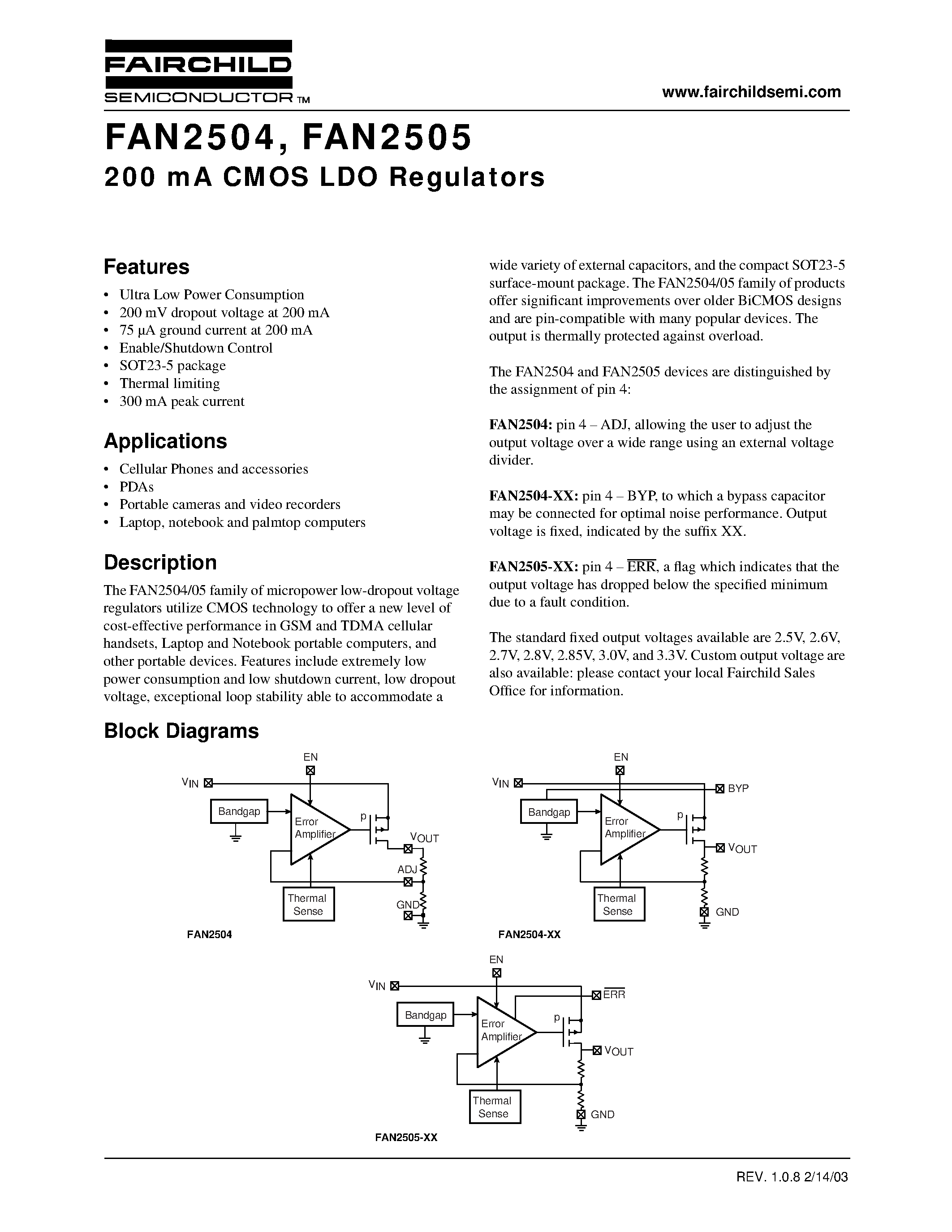 Datasheet FAN2504 - 200 mA CMOS LDO Regulators page 1