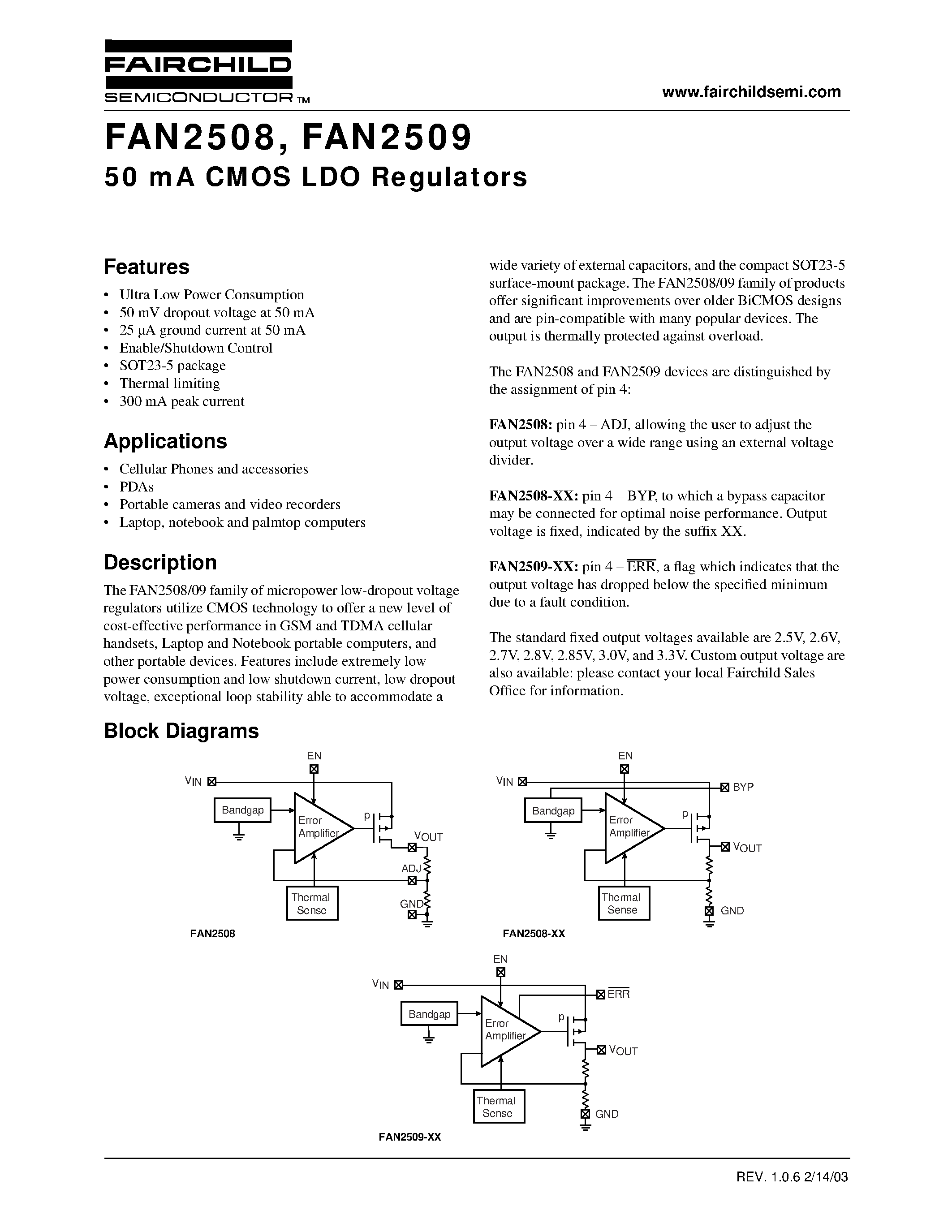 Datasheet FAN2509 page 1 Datasheet FAN2509 - 50 mA CMOS LDO Regulators page 1