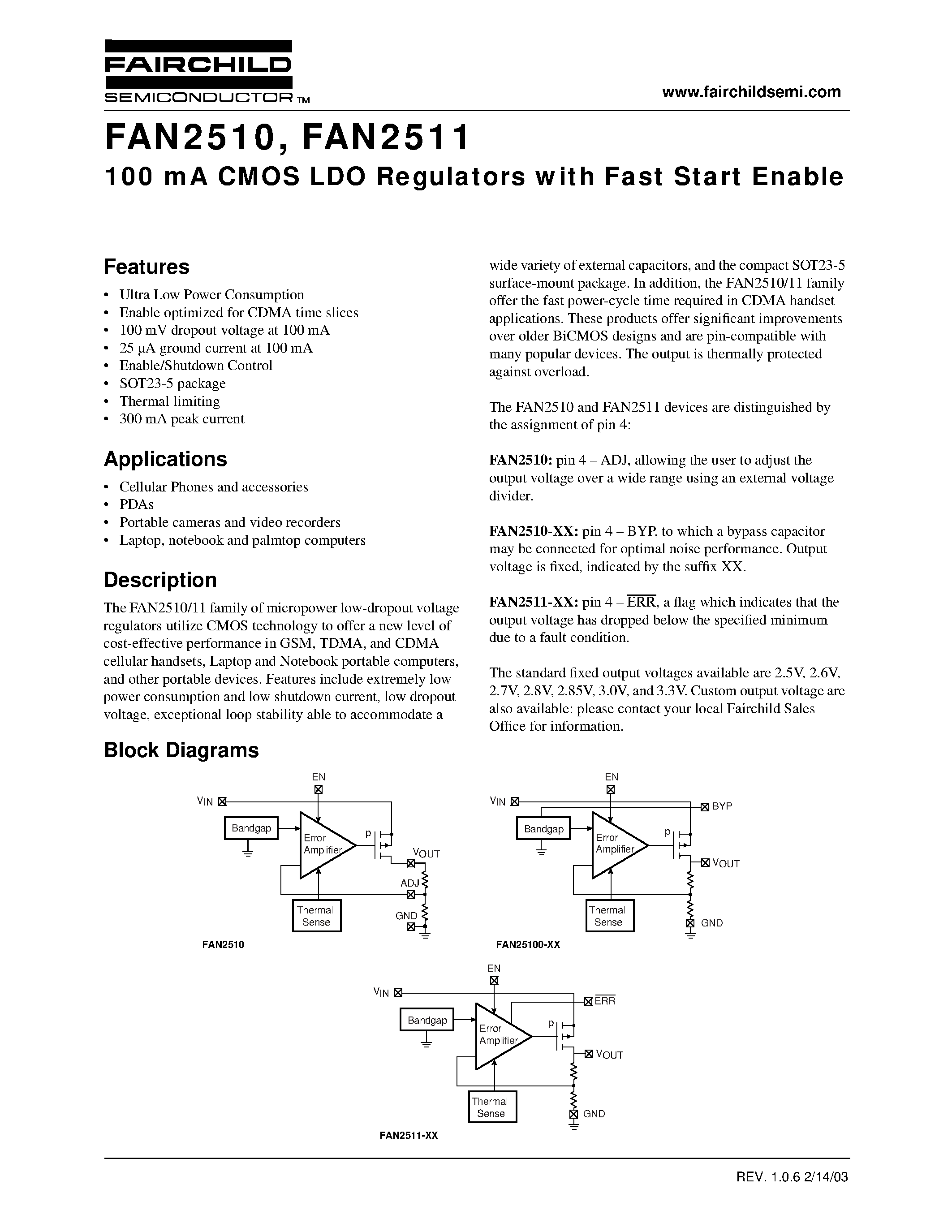 Datasheet FAN2510 - 100 mA CMOS LDO Regulators with Fast Start Enable page 1