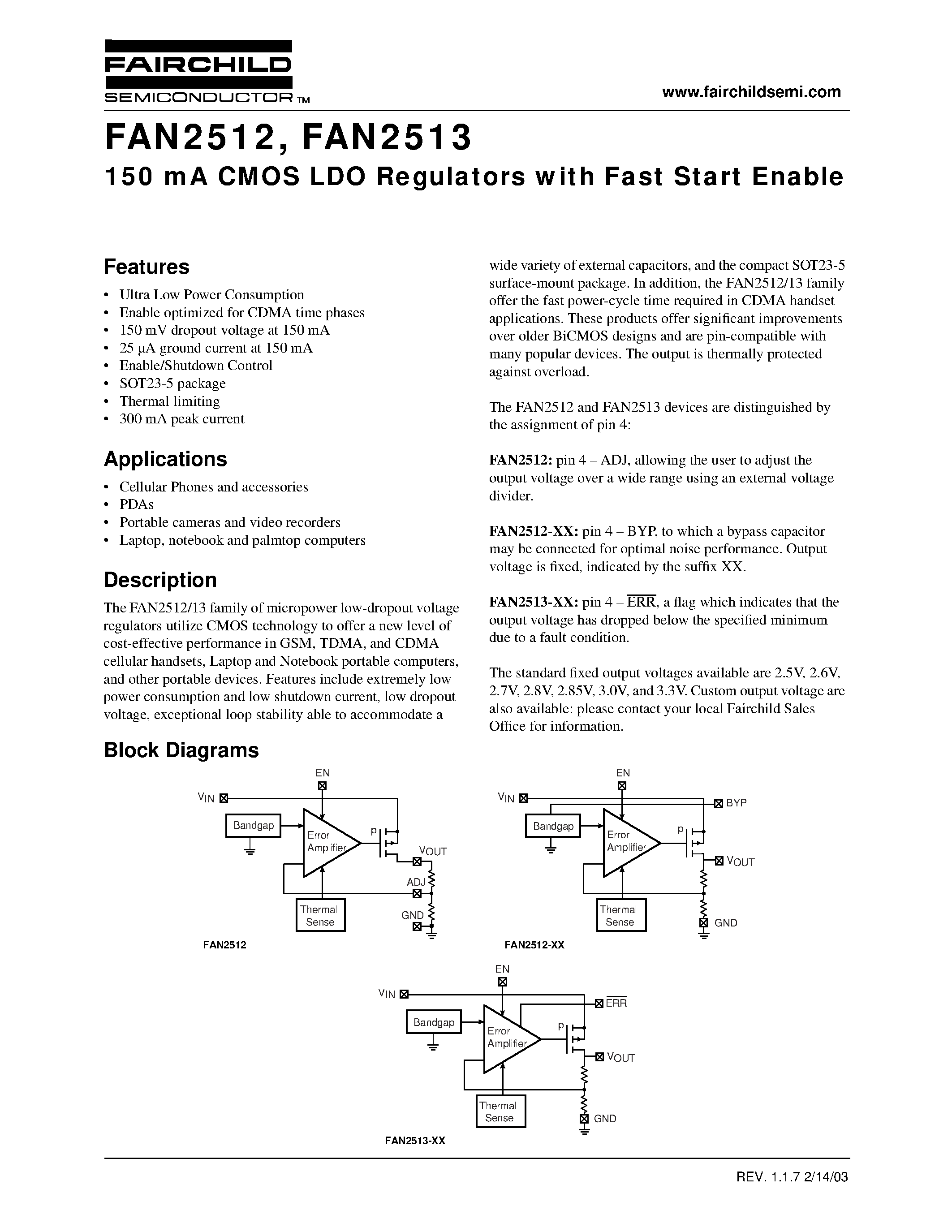 Datasheet FAN2513 - 150 mA CMOS LDO Regulators with Fast Start Enable page 1