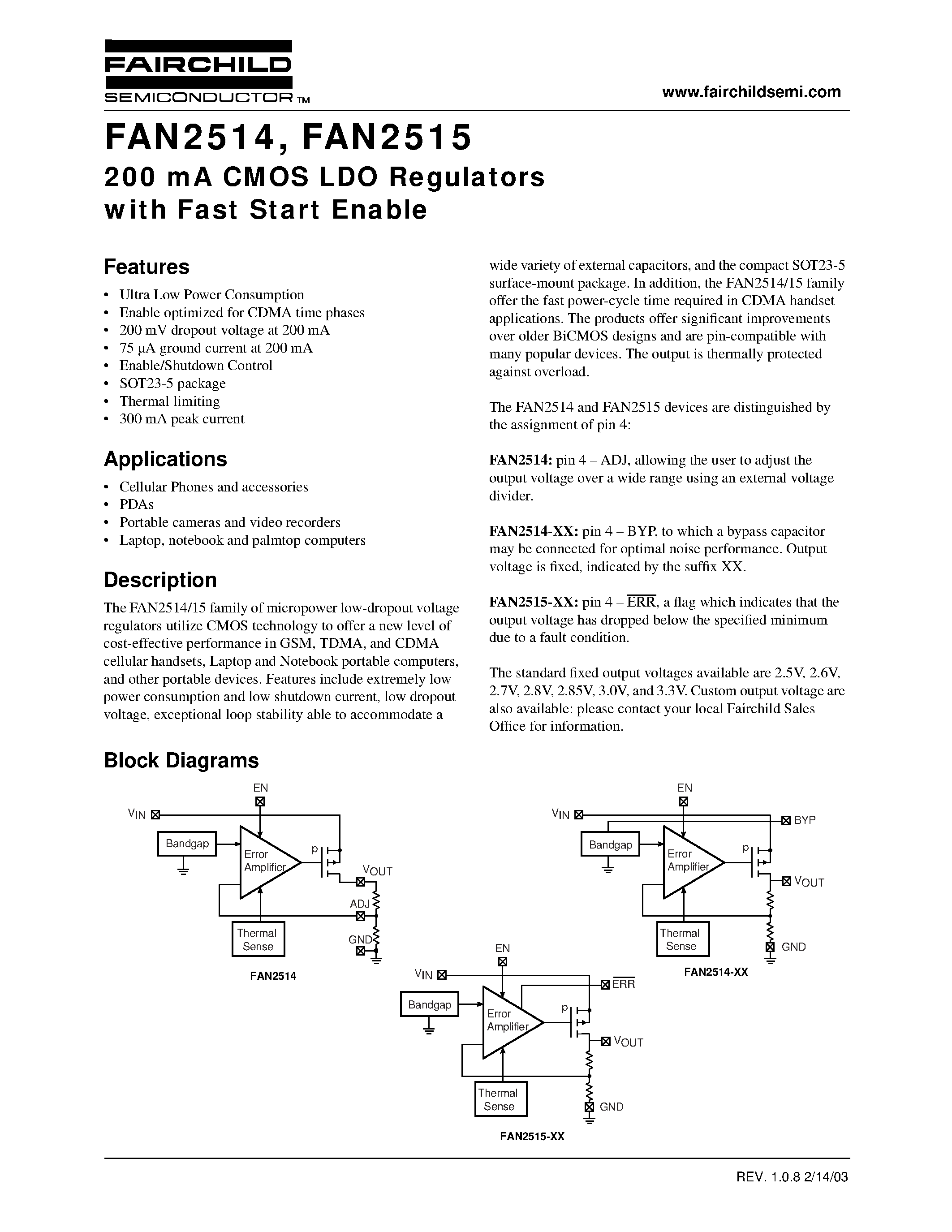 Datasheet FAN2514 - 200 mA CMOS LDO Regulators with Fast Start Enable page 1