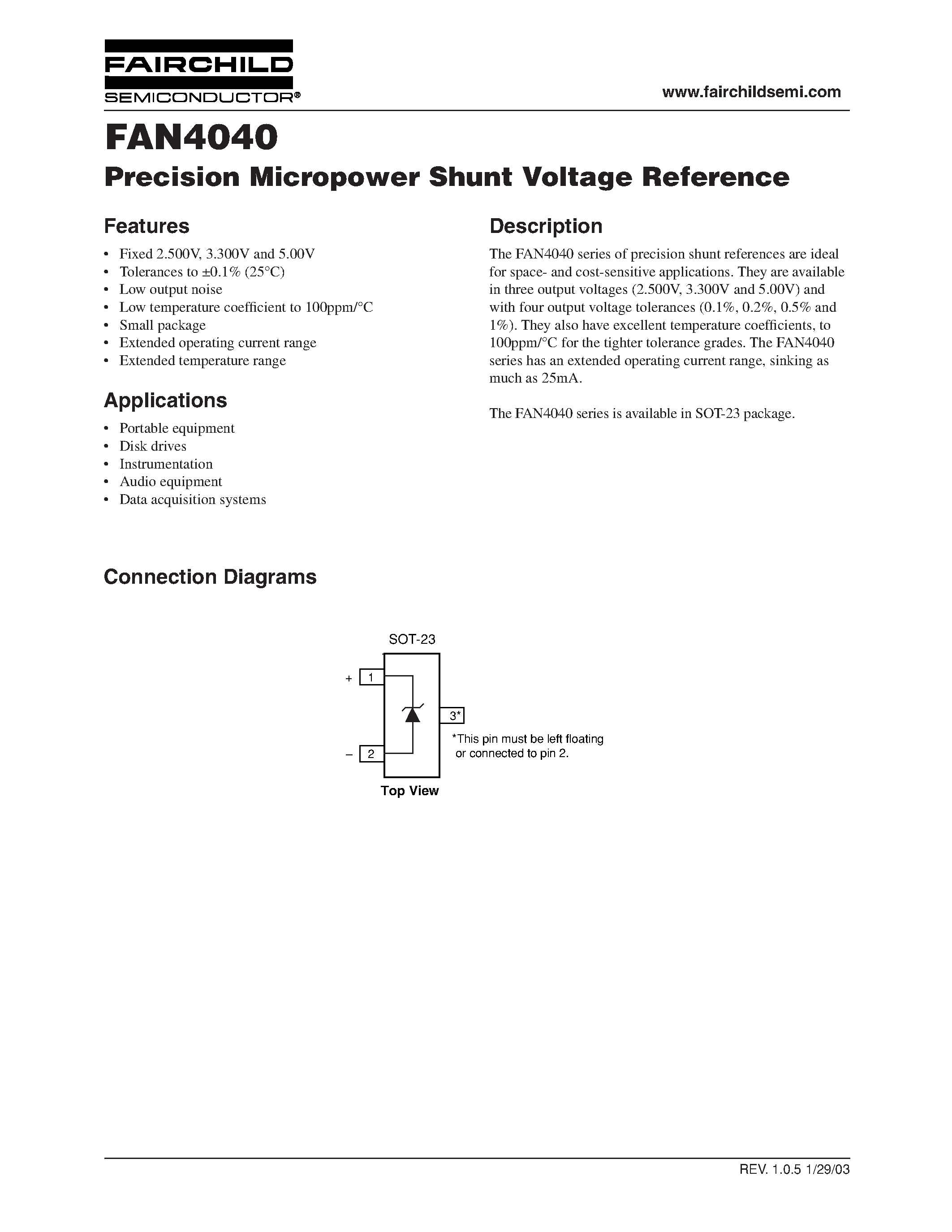 Datasheet FAN4040C-IS333 - Precision Micropower Shunt Voltage Reference page 1