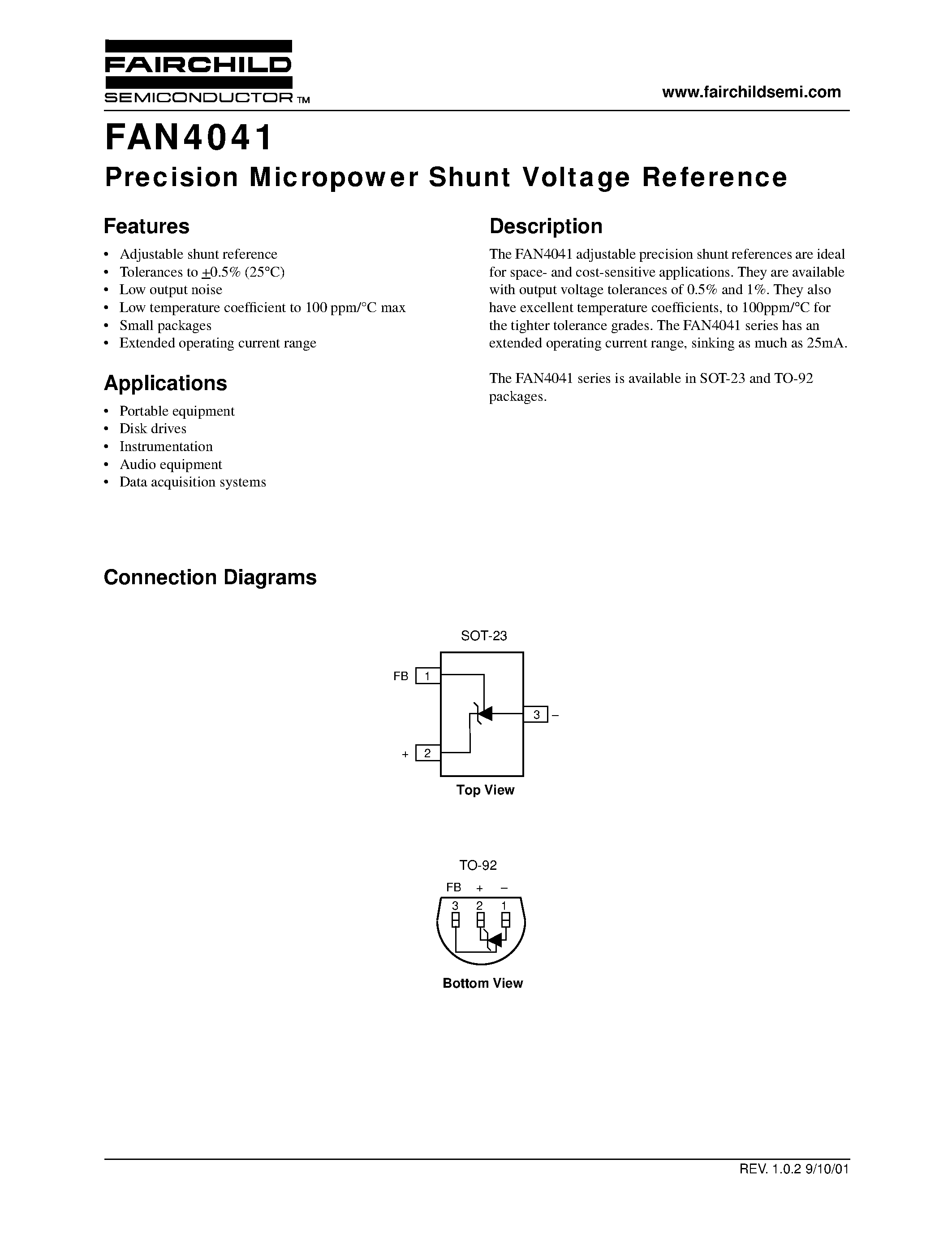 Datasheet FAN4041 page 1 Datasheet FAN4041 - Precision Micropower Shunt Voltage Reference page 1