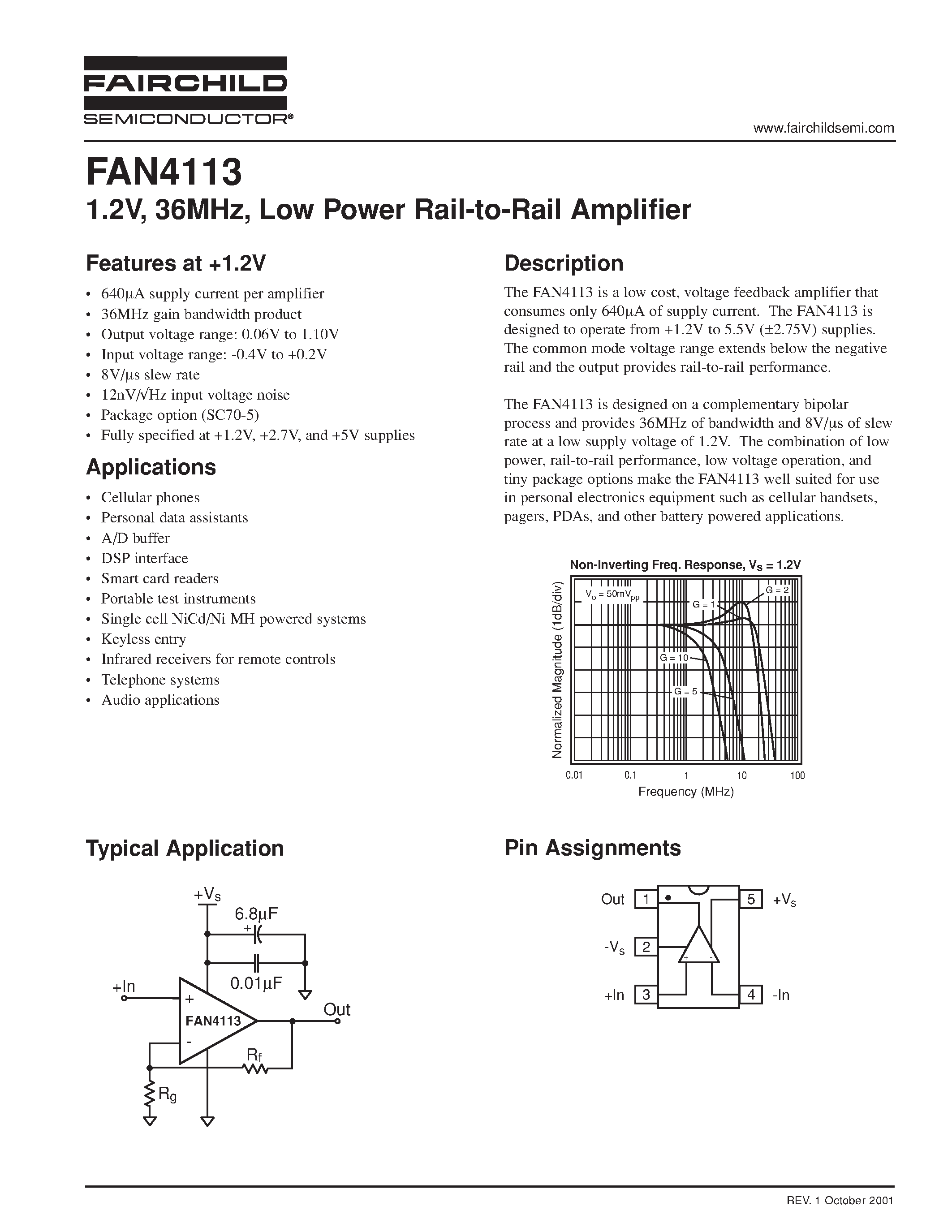 Datasheet FAN4113 - 1.2V/ 36MHz/ Low Power Rail-to-Rail Amplifier page 1