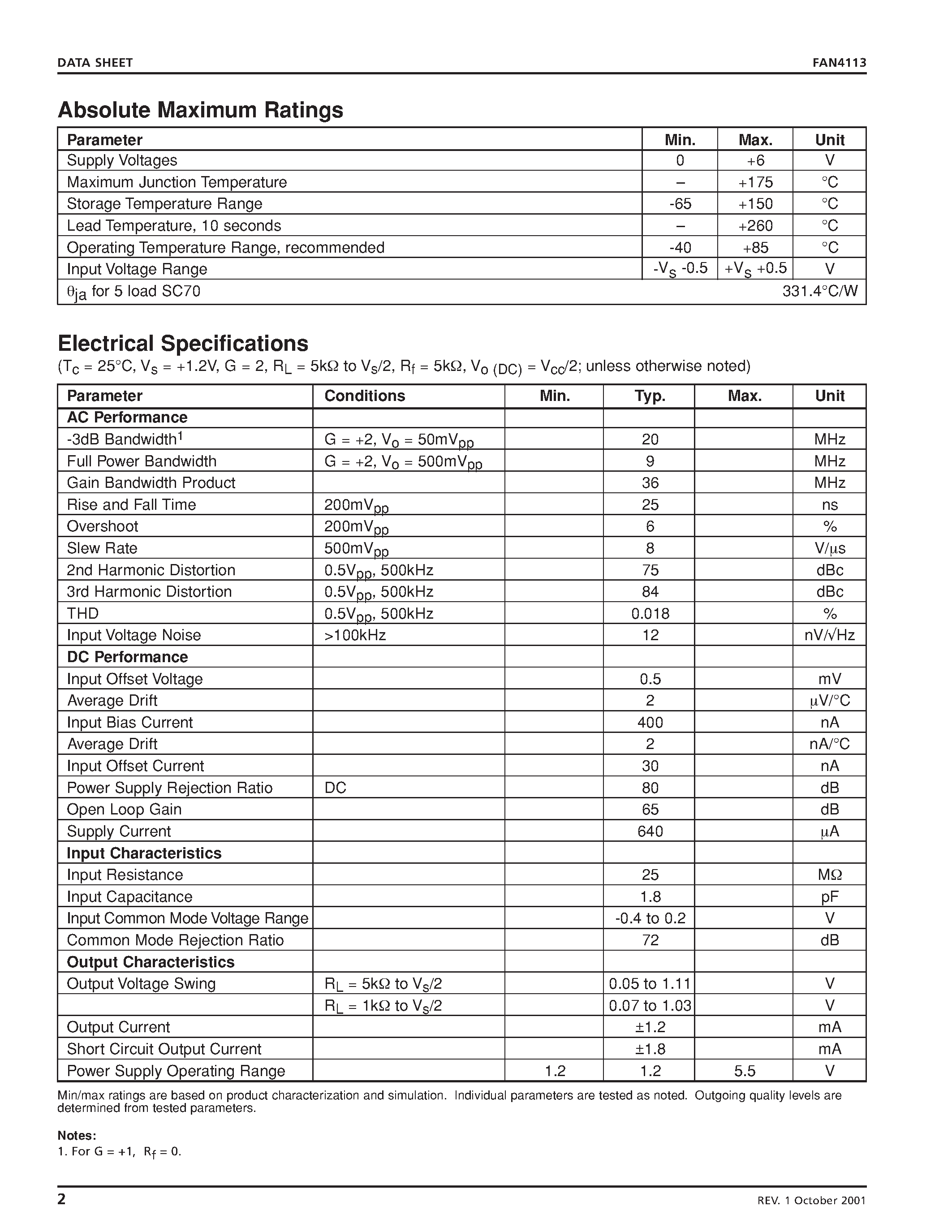 Datasheet FAN4113 - 1.2V/ 36MHz/ Low Power Rail-to-Rail Amplifier page 2