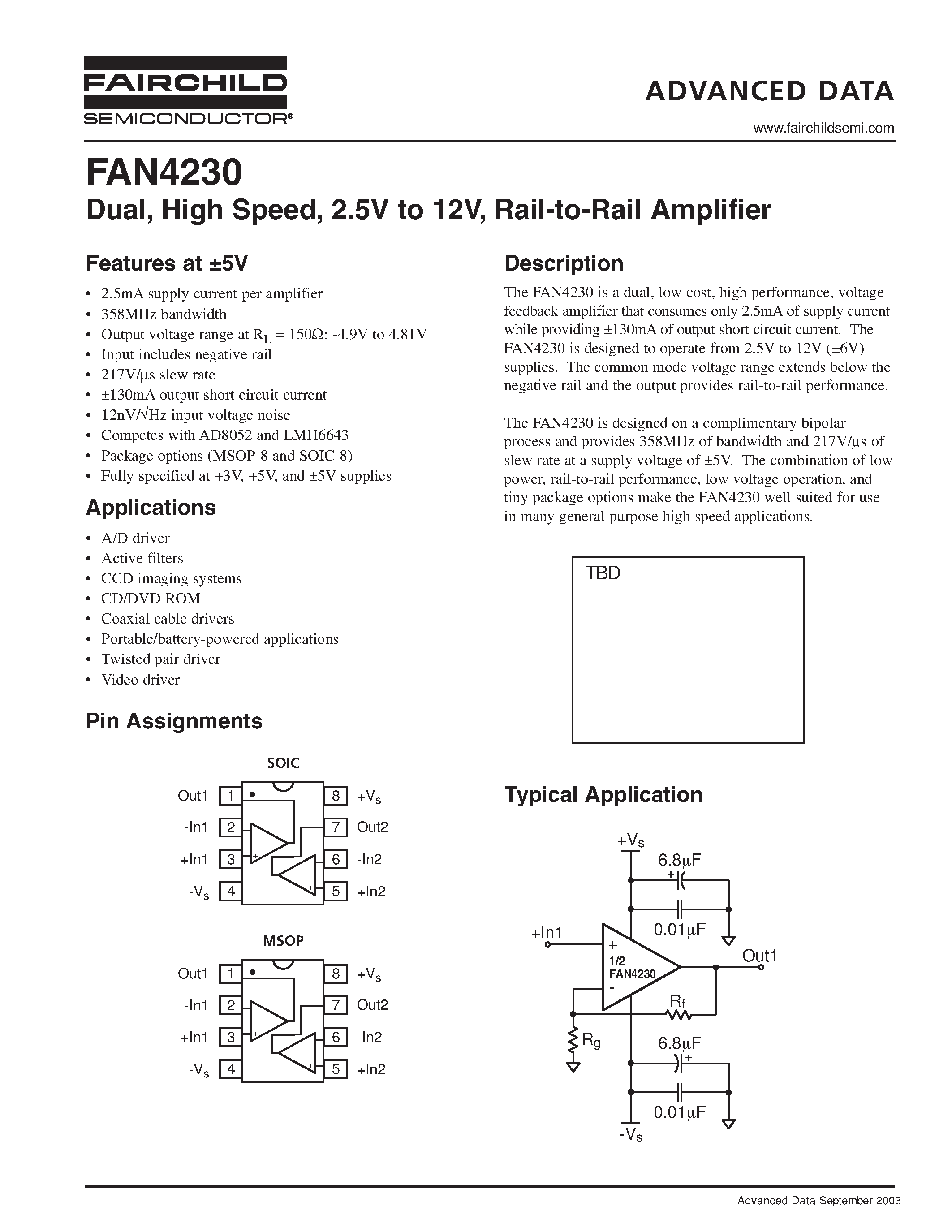 Datasheet FAN4230 page 1 Datasheet FAN4230 - Dual/ High Speed/ 2.5V to 12V/ Rail-to-Rail Amplifier page 1