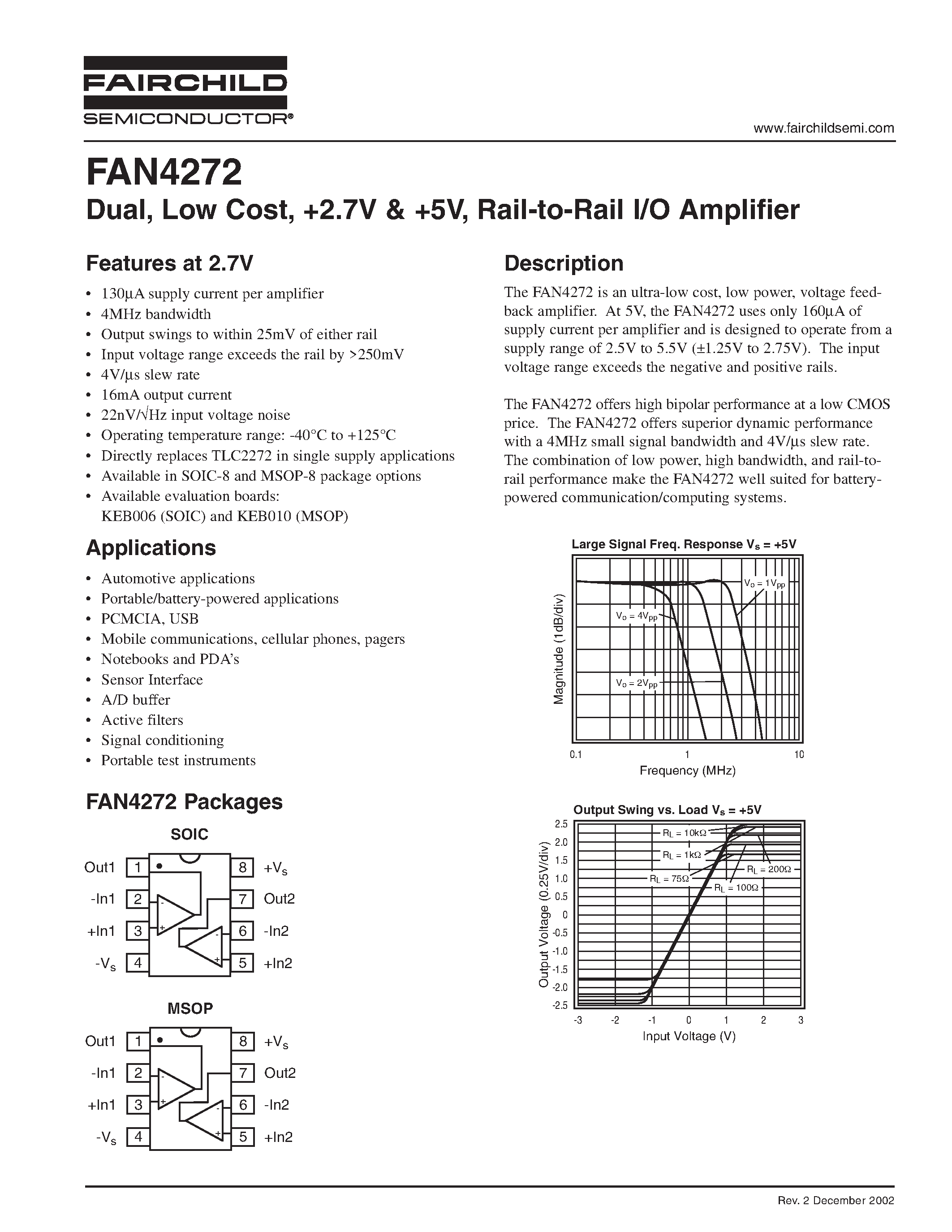 Datasheet FAN4272 - Dual/ Low Cost/ +2.7V & +5V/ Rail-to-Rail I/O Amplifier page 1