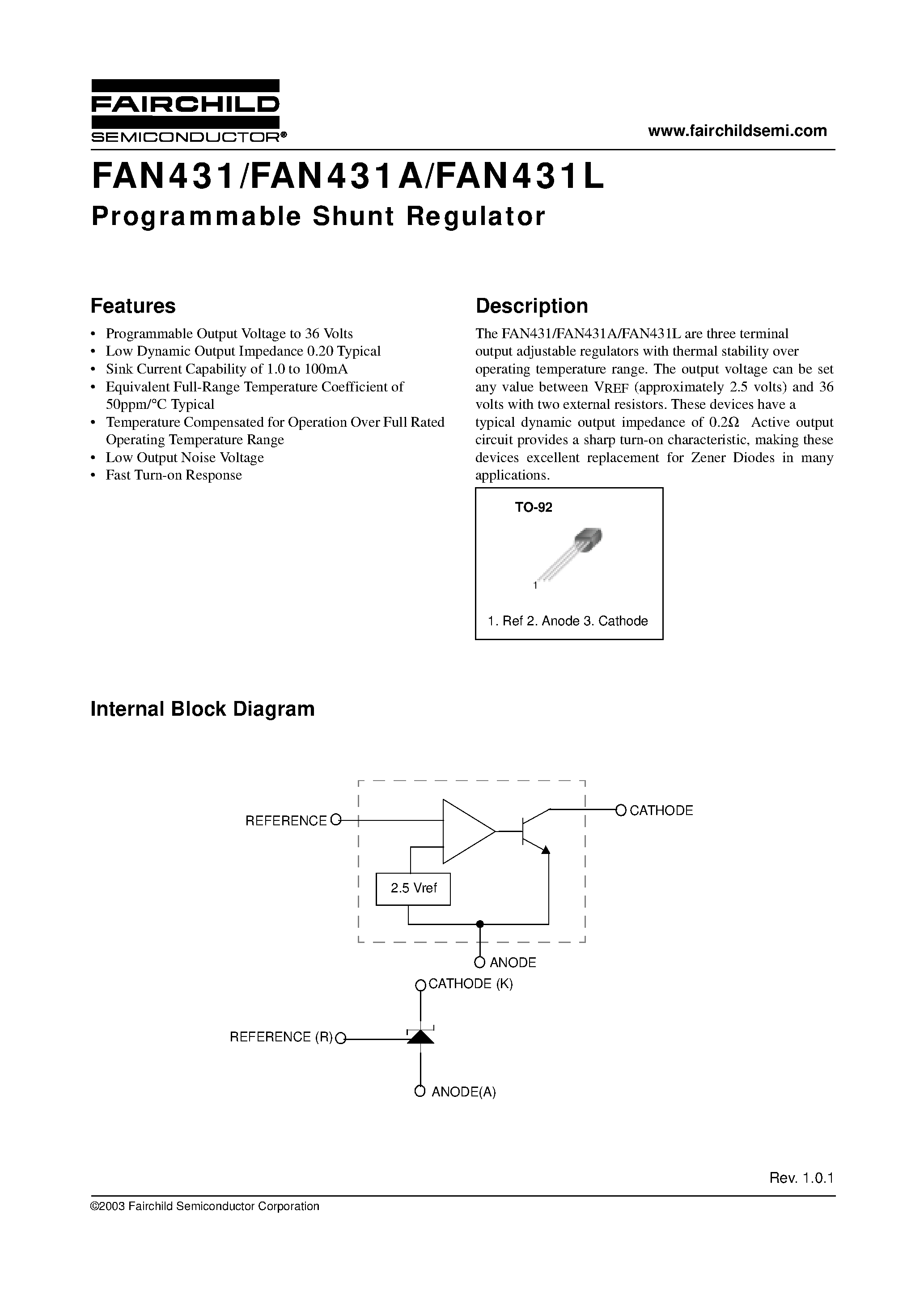 Datasheet FAN431L - Programmable Shunt Regulator page 1