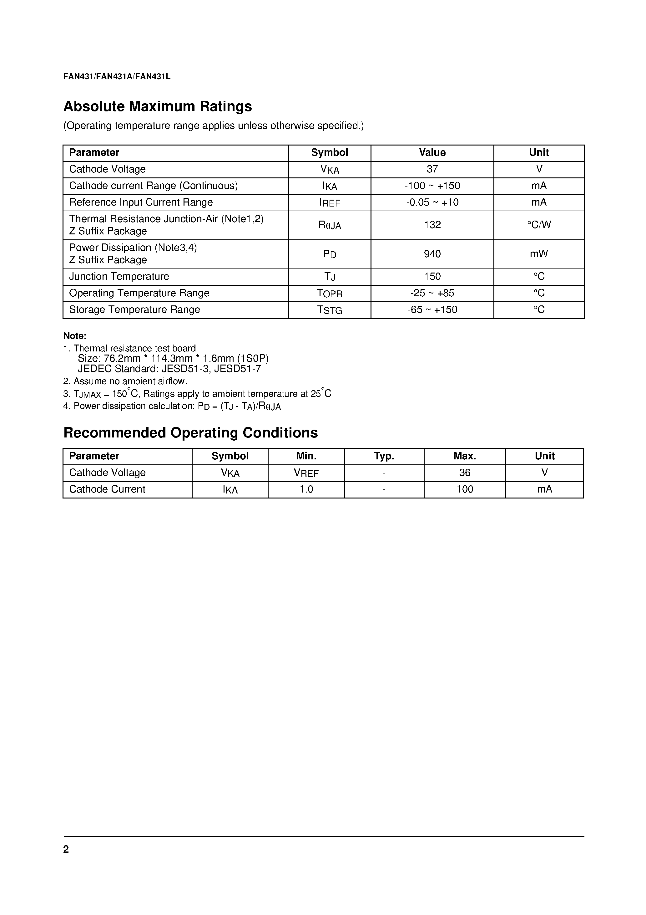 Datasheet FAN431LZXA - Programmable Shunt Regulator page 2