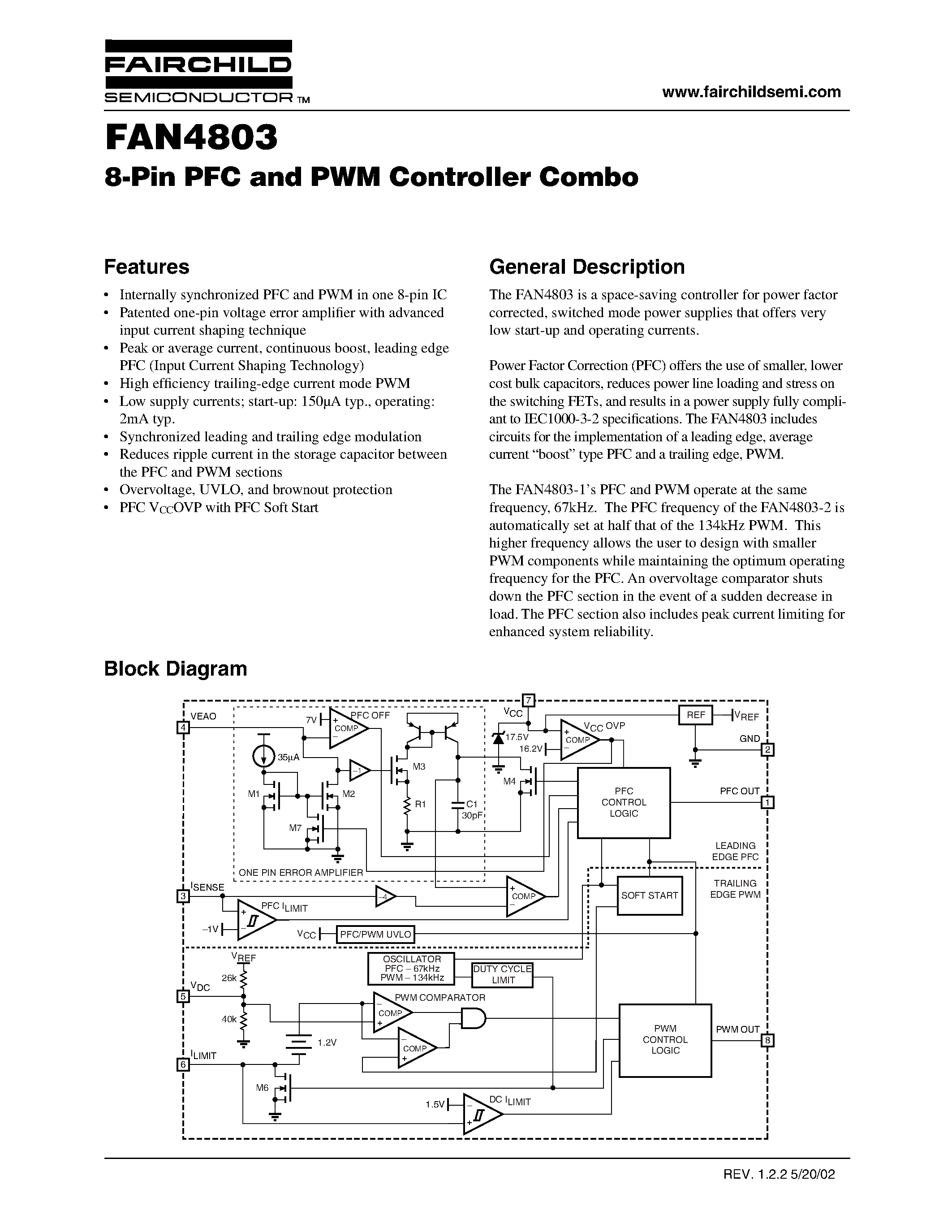 Datasheet FAN4803 - 8-Pin PFC and PWM Controller Combo page 1