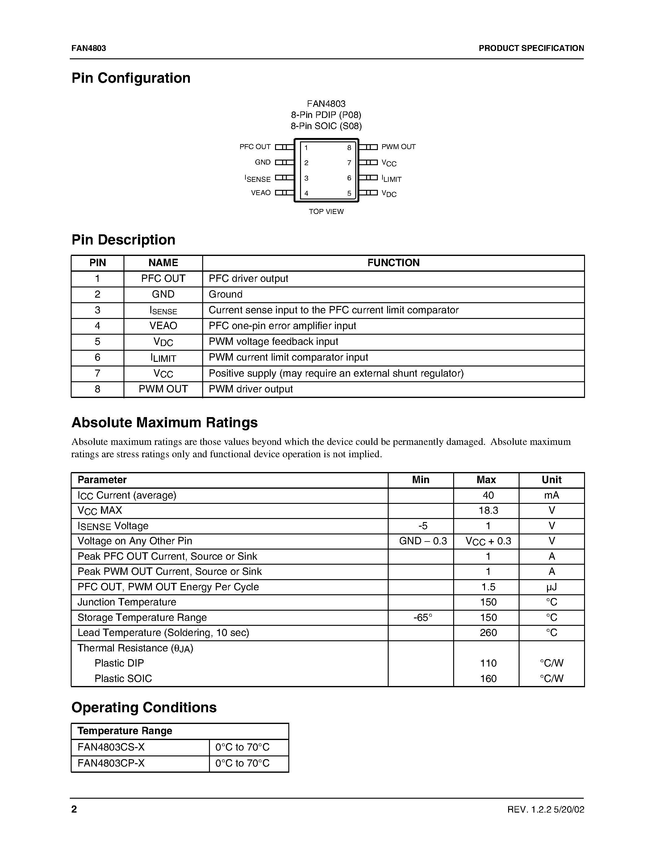 Datasheet FAN4803 - 8-Pin PFC and PWM Controller Combo page 2