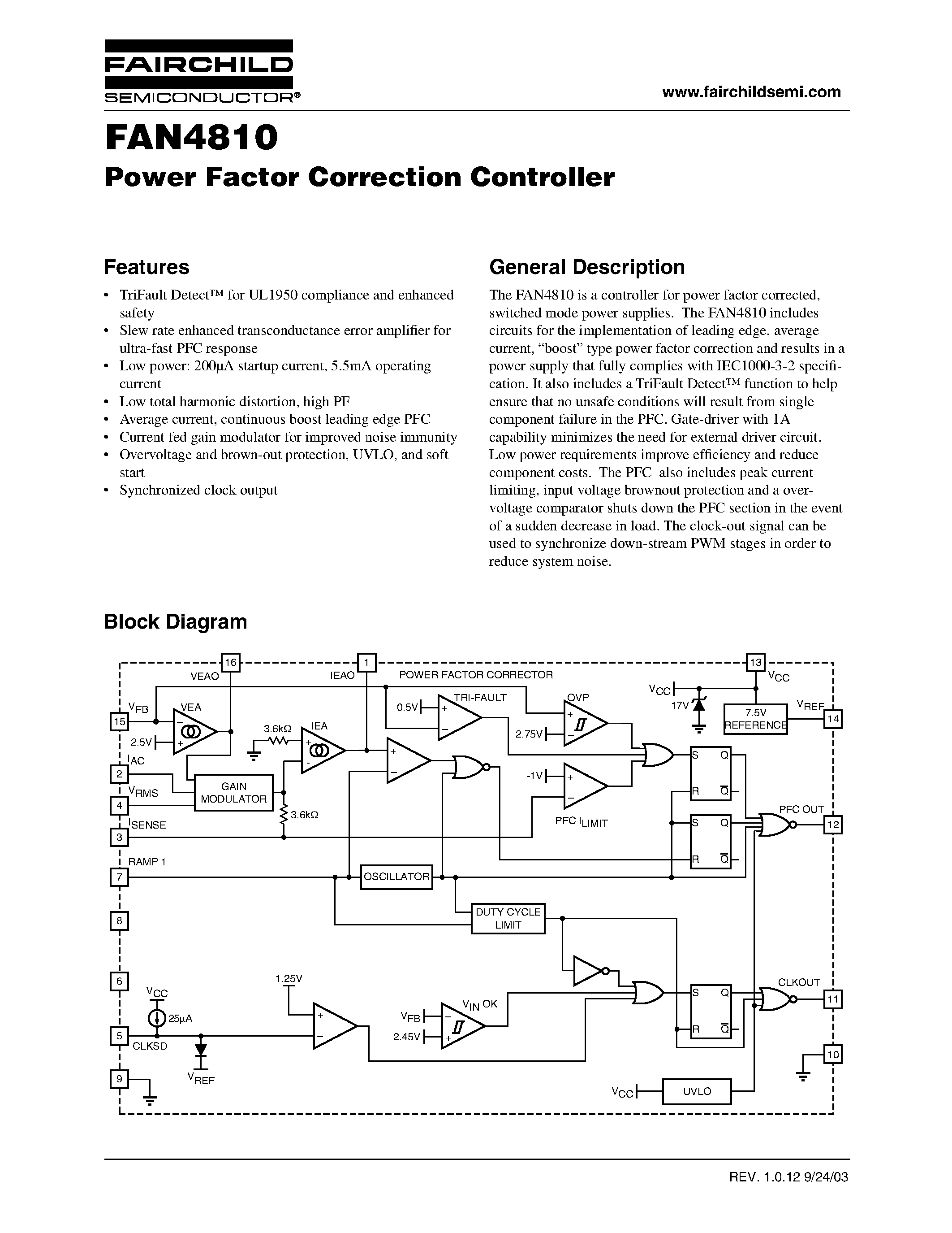Datasheet FAN4810M - Power Factor Correction Controller page 1