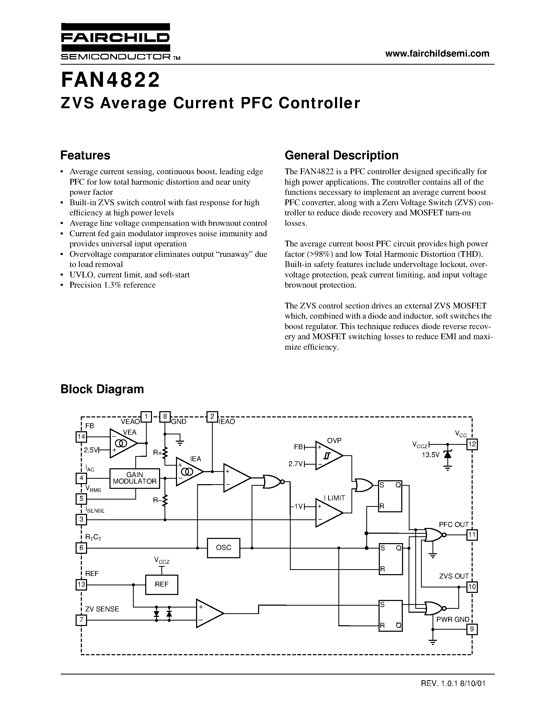 Datasheet FAN4822 - ZVS Average Current PFC Controller page 1