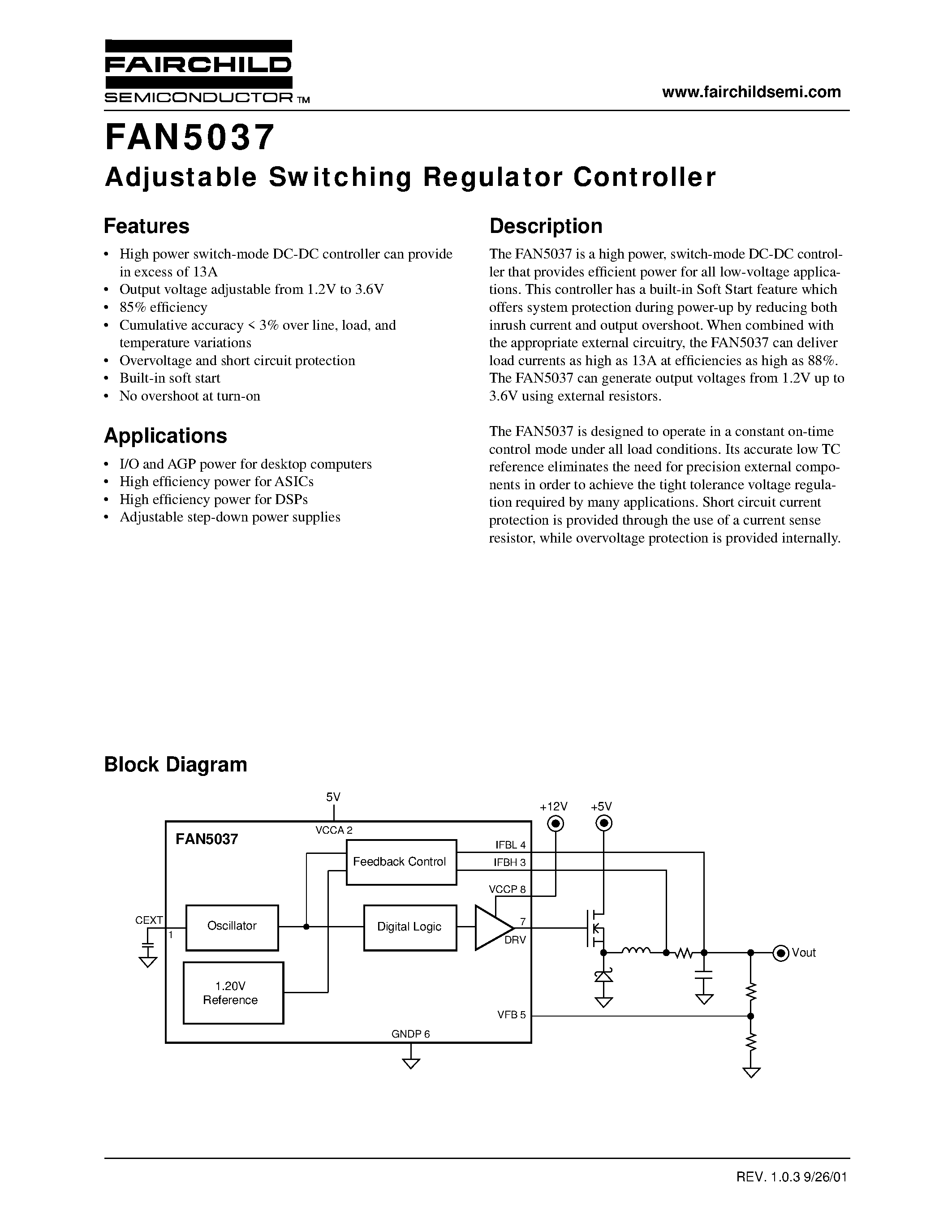 Datasheet FAN5037 page 1 Datasheet FAN5037 - Adjustable Switching Regulator Controller page 1