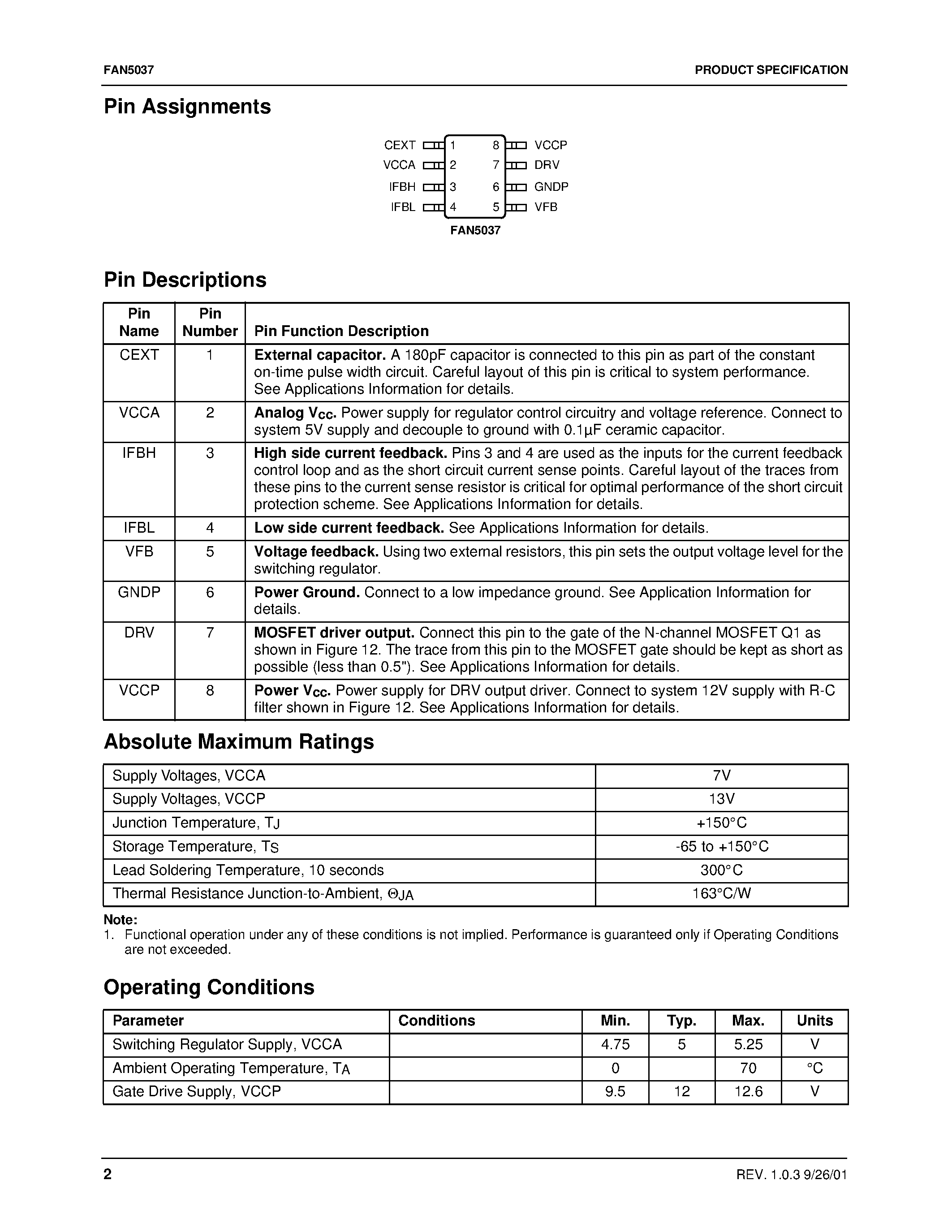 Datasheet FAN5037 page 2 Datasheet FAN5037 - Adjustable Switching Regulator Controller page 2
