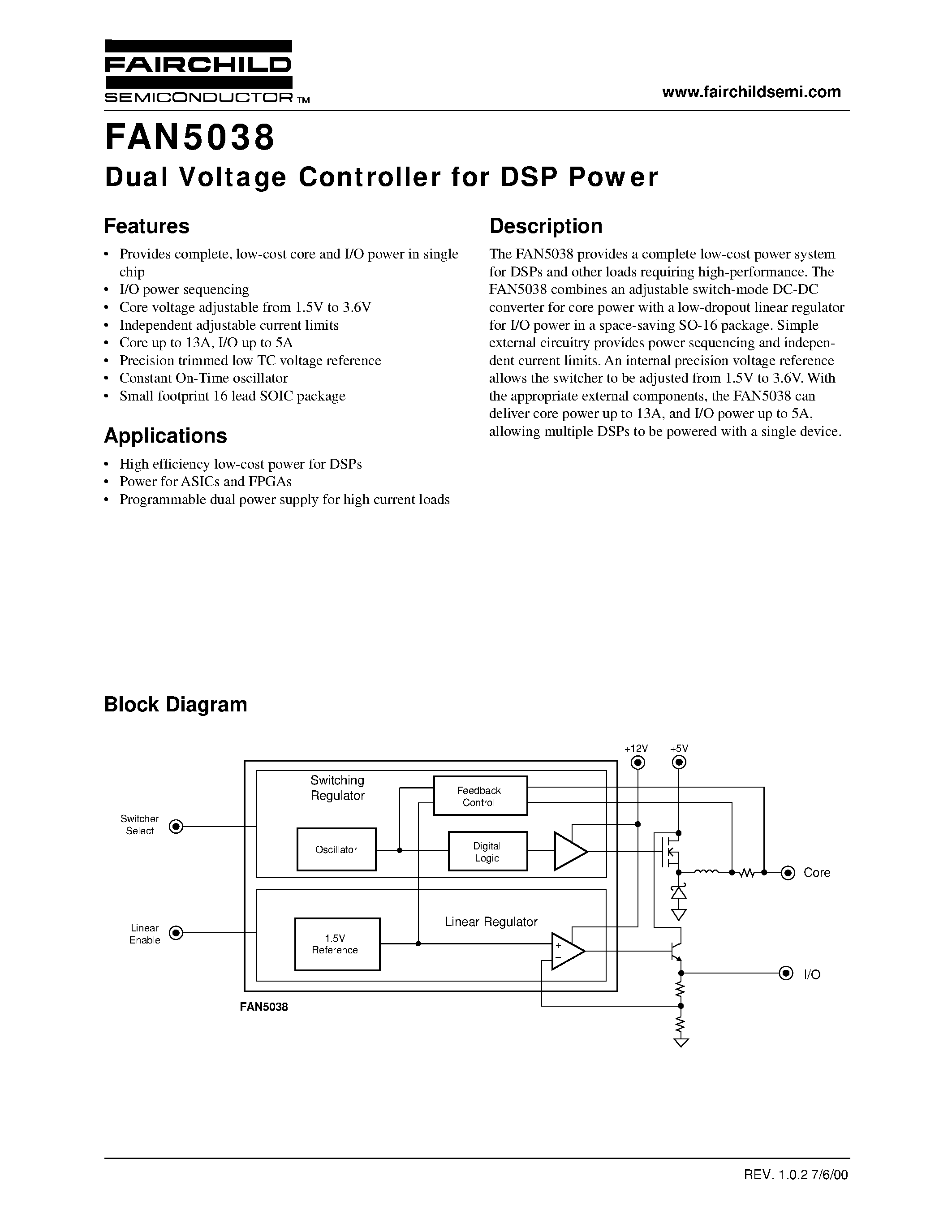 Datasheet FAN5038 - Dual Voltage Controller for DSP Power page 1